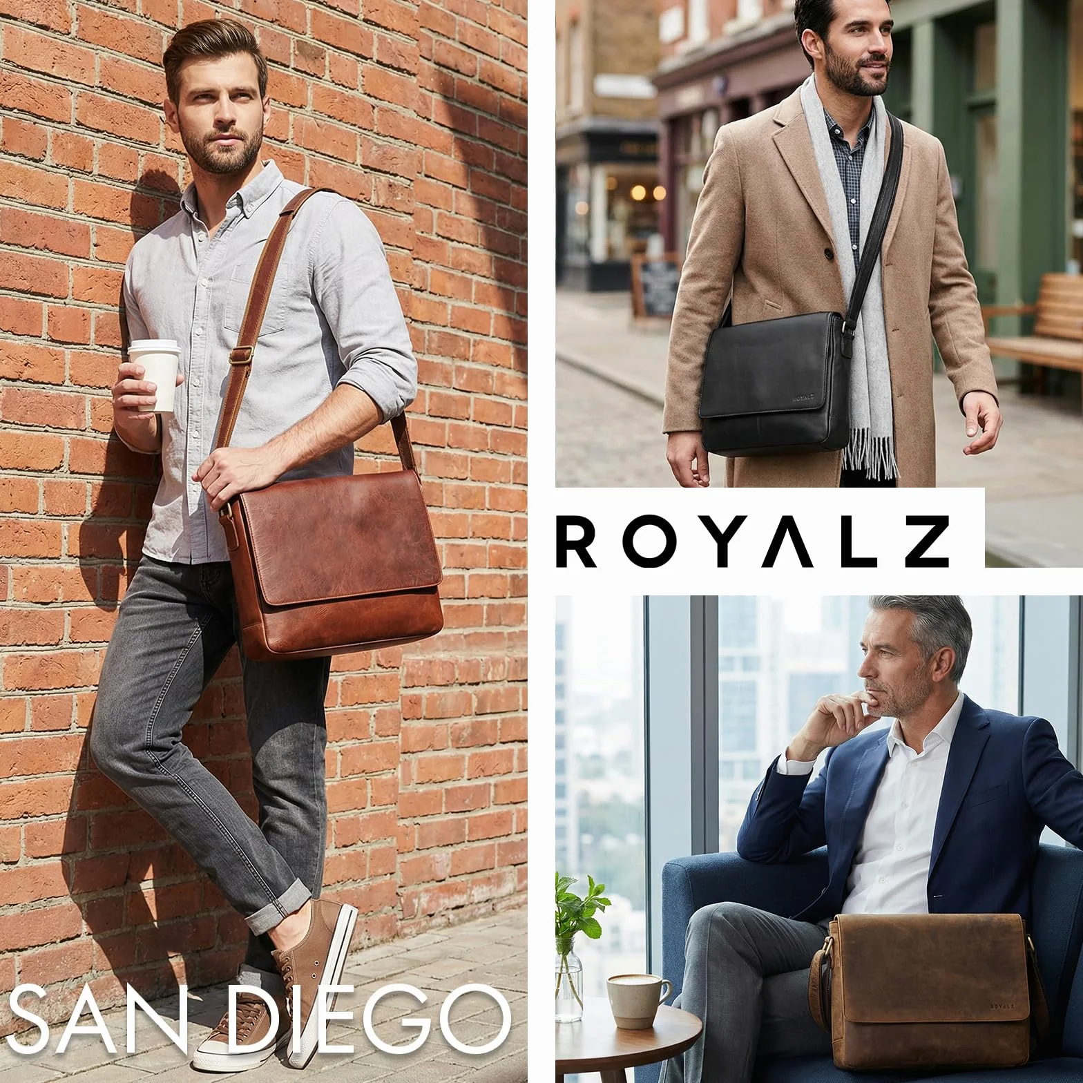 ROYALZ San Diego torba na ramię, męska, skórzana, skórzana torba do zawieszenia, płaska, prawdziwa skóra, aktówka z kieszenią na laptopa o przekątnej ekranu 15"