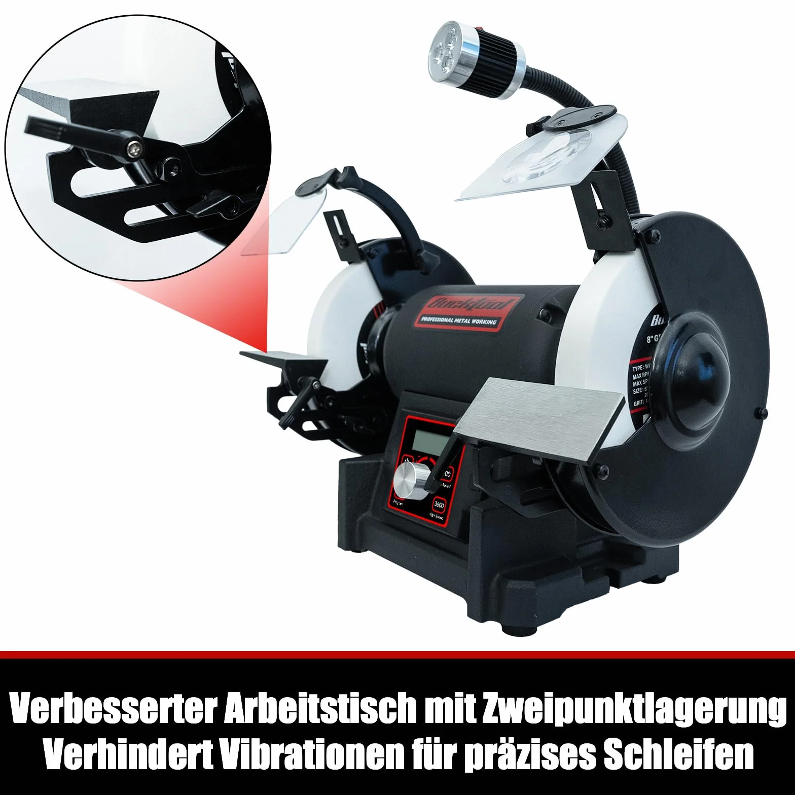 Bucktool Szlifierka stołowa o zmiennej 200 mm, profesjonalna szlifierka VFD 750 W o niskim poziomie wibracji i wysokim momencie obrotowym do obróbki metalu, ostrzenia noży i prac warsztatowych
