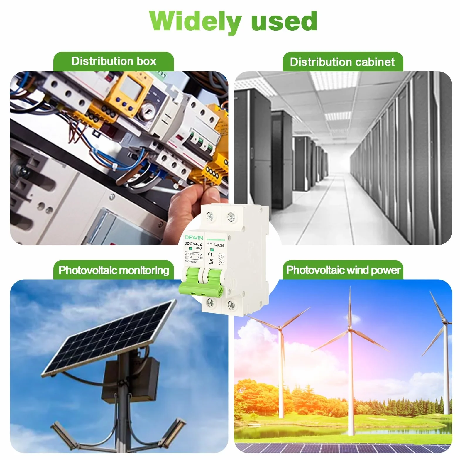 DEWIN Wyłącznik DC, 2P 63A DC1000V fotowoltaiczny miniaturowy wyłącznik przed przeciążeniem do systemu solarnego PV