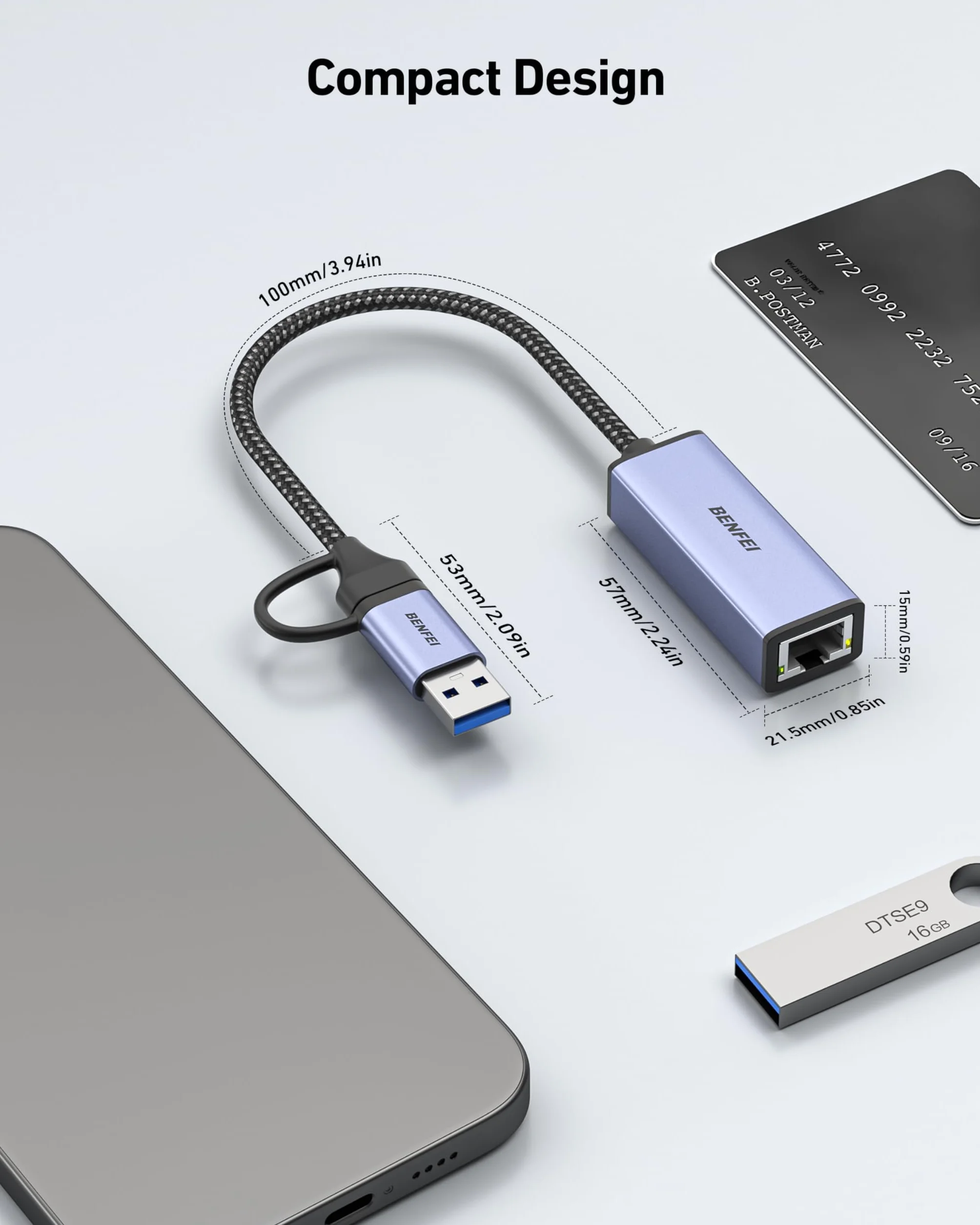 BENFEI Adapter Ethernet, adapter USB 3.0 do RJ45 1000 Mb/s Gigabit LAN kompatybilny z MacBookiem, Surface Pro, PC z Windows 7/8/10, XP, Vista, Mac [aluminiowa obudowa i kabel nylonowy]