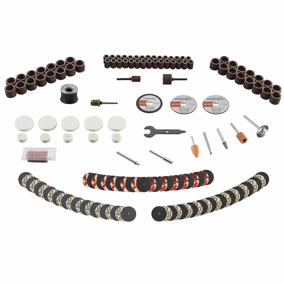 Dremel Zestaw akcesoriów do narzędzi obrotowych, 710-08-160 akcesoriów, technologia EZ Lock, trzpień 0,35 cm (1/8"), tarcza polerska i mieszanka, tarcza szlifierska i bęben, rzeźbienie, ostrzenie i