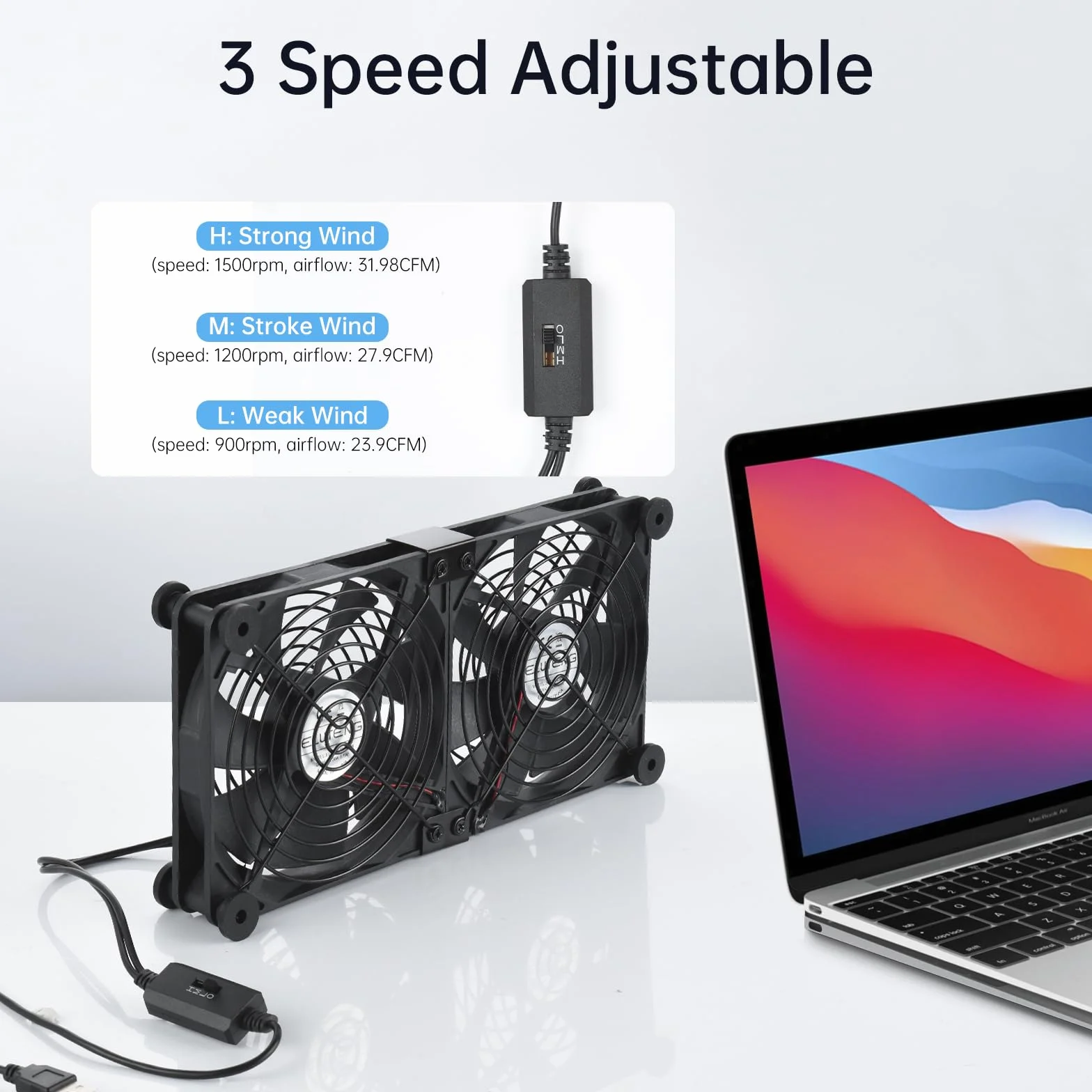 ELUTENG Wentylator USB 140 mm 5 V 2 w 1 z 3 regulowanymi prędkościami do PS5/PS4/laptopa