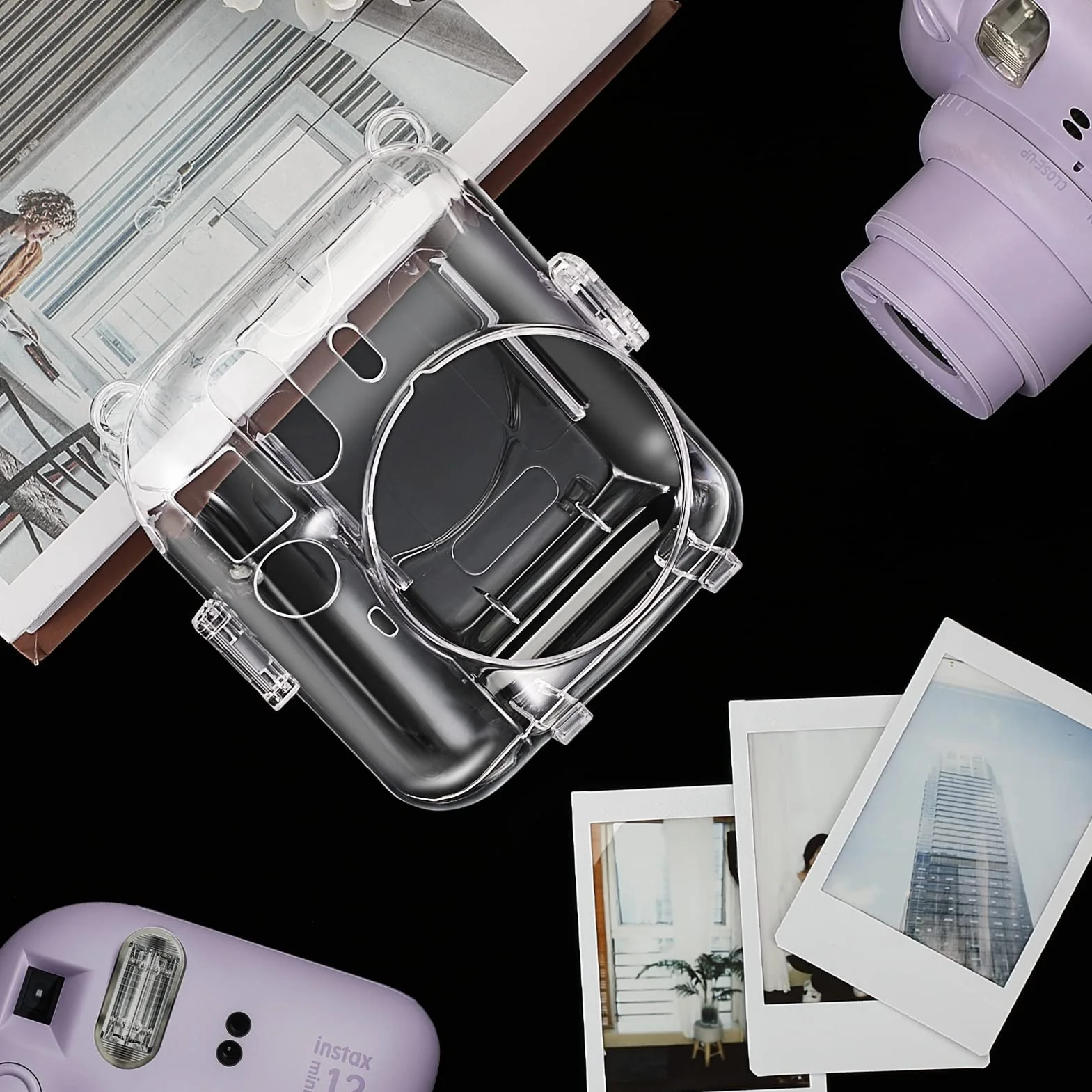 Fintie Etui Ochronne do Fujifilm Instax Mini 12, Przezroczyste Twarde, Kryształowe z Kieszenią i Paskiem