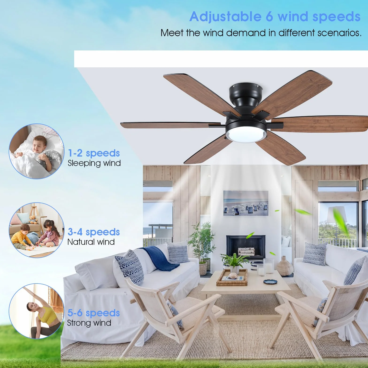 Kviflon Wentylator sufitowy w stylu dworkowym, 132 cm, z oświetleniem, montaż sufitowy, pilot zdalnego sterowania / sterowanie aplikacją, 6 dwustronnych ostrzy dwustronnych, 3 CCT ściemniane, do