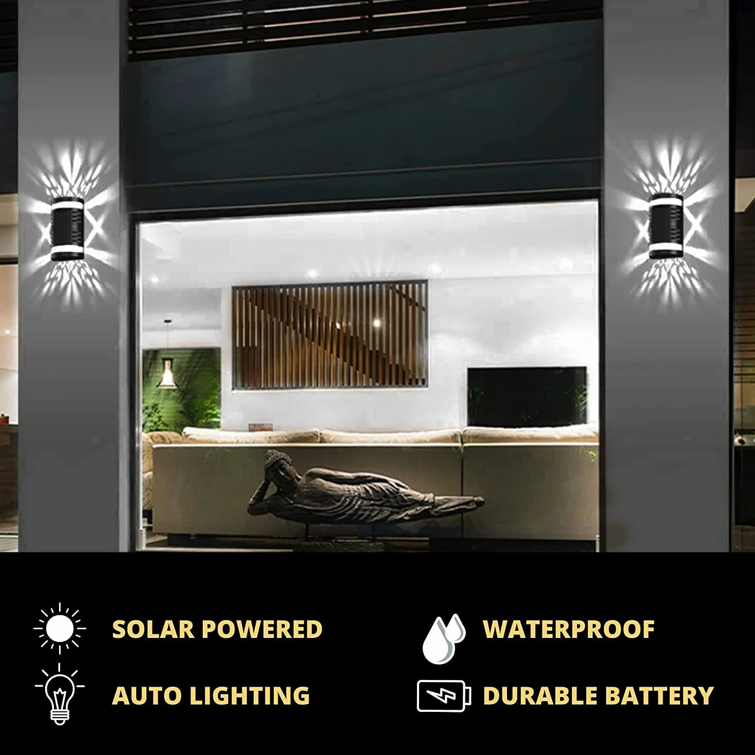 Lampy solarne na zewnątrz, KINGCOO wodoodporne w górę i w dół, 2 diody LED, wydrążone, zasilane energią słoneczną, dekoracyjne lampy ścienne do ogrodu, ogrodzenia, podwórka, oświetlenia ścieżki drzwi wejściowych, 4 szt., białe