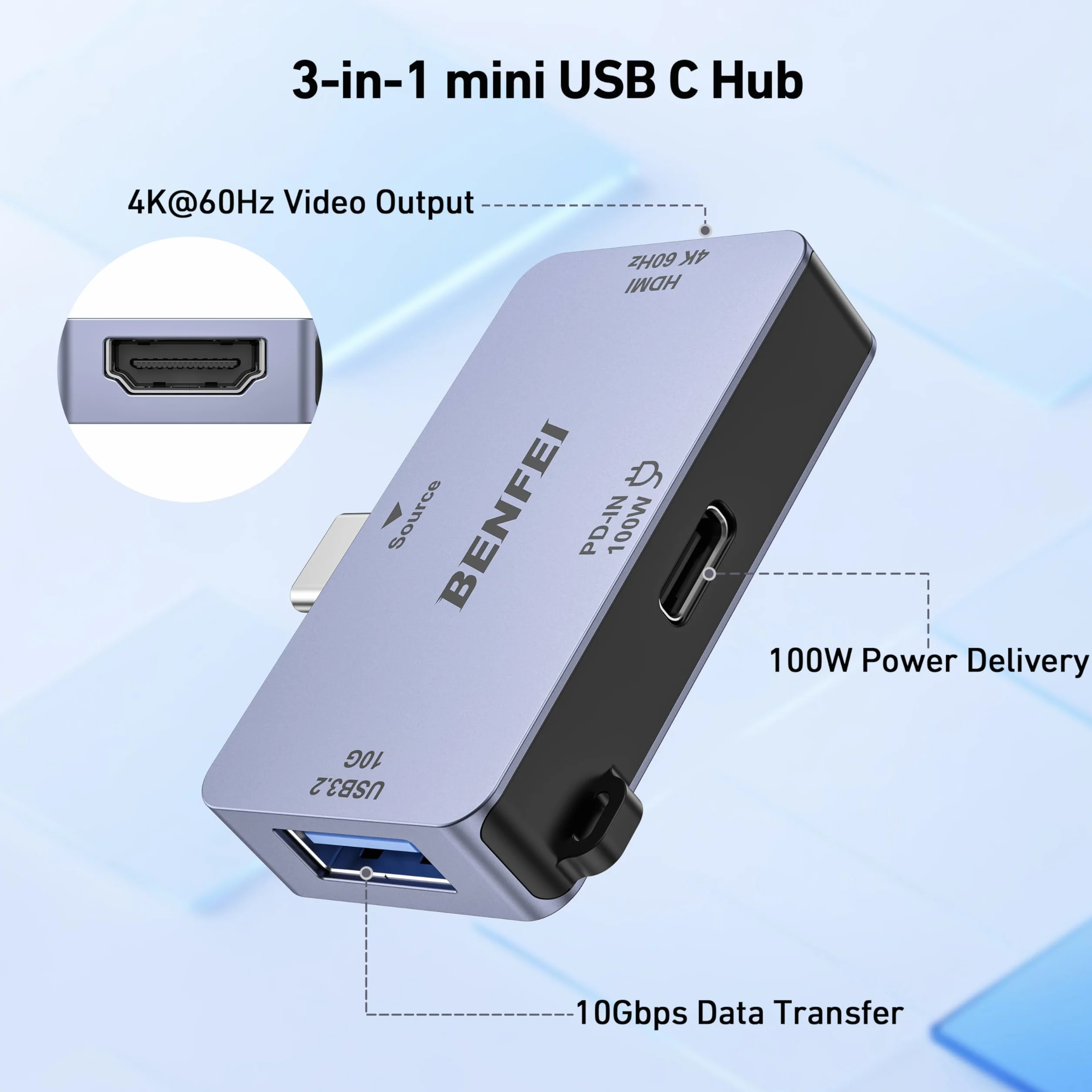 BENFEI USB C Hub 3 w 1 USB-C na HDMI 4K@60Hz 10 Gb/s USB-A 100 W Kompatybilny z iPadem Pro MacBookiem Pro/Air iMac iPhone 16/15 Pro/Pro Max XPS Thinkpad