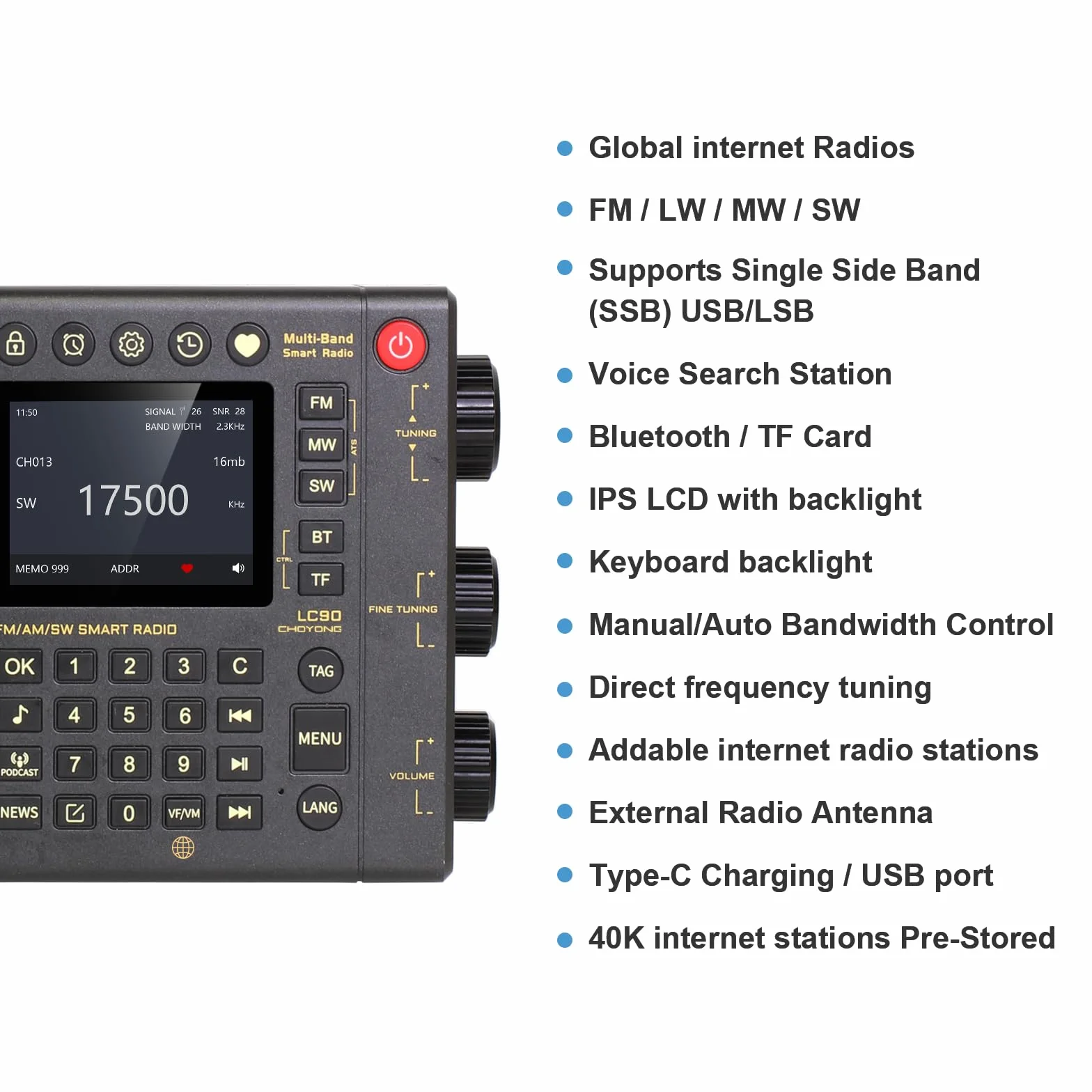CHOYONG LC90 Inteligentne radio internetowe AM/FM SSB WiFi 4G Bluetooth