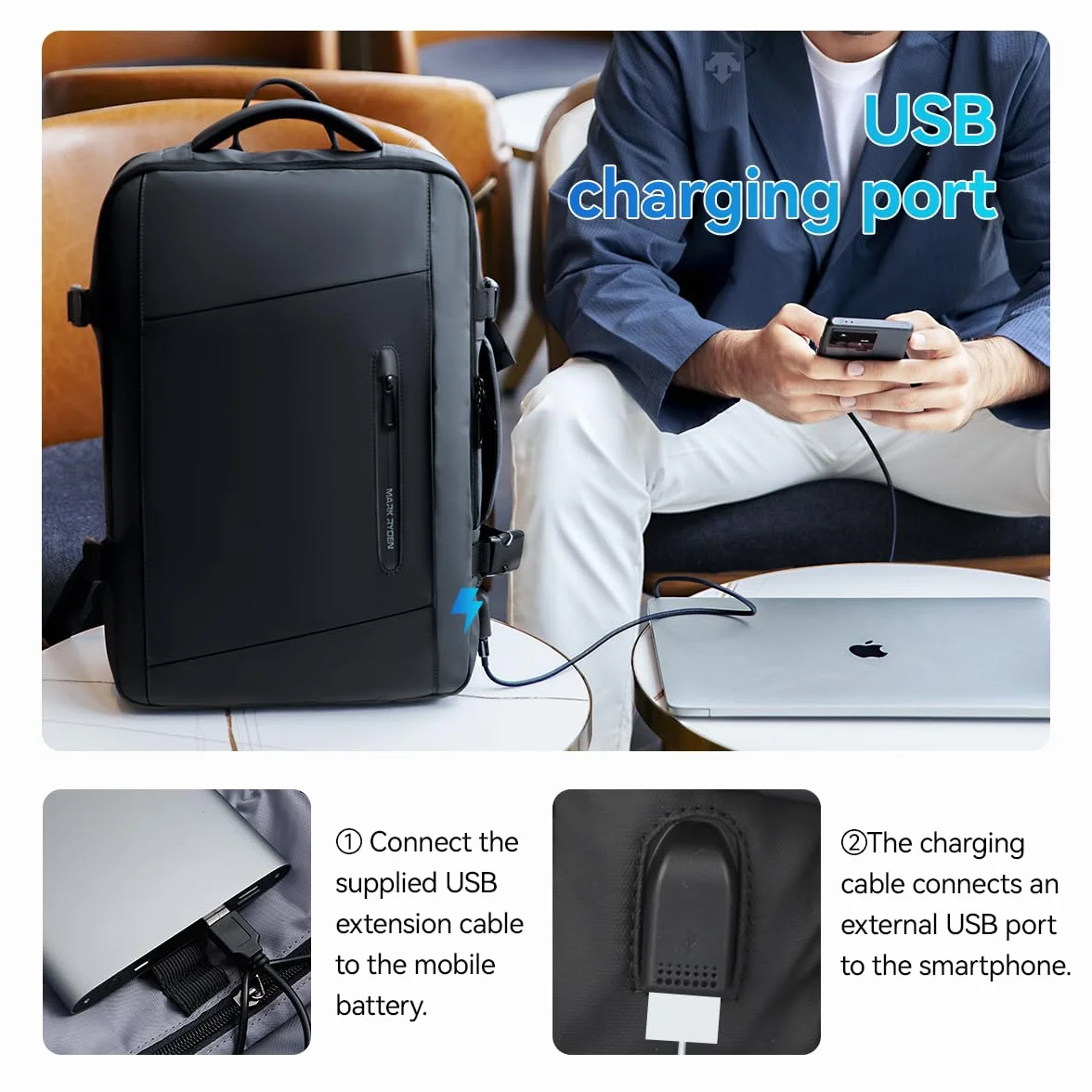 MARK RYDEN Powiększany plecak 25-40L, biznesowy plecak męski, 17" torba na laptopa z przyłączem USB do ładowania, wodoszczelny, zabezpieczający przed kradzieżą, do samolotu, bagaż podręczny, czarny