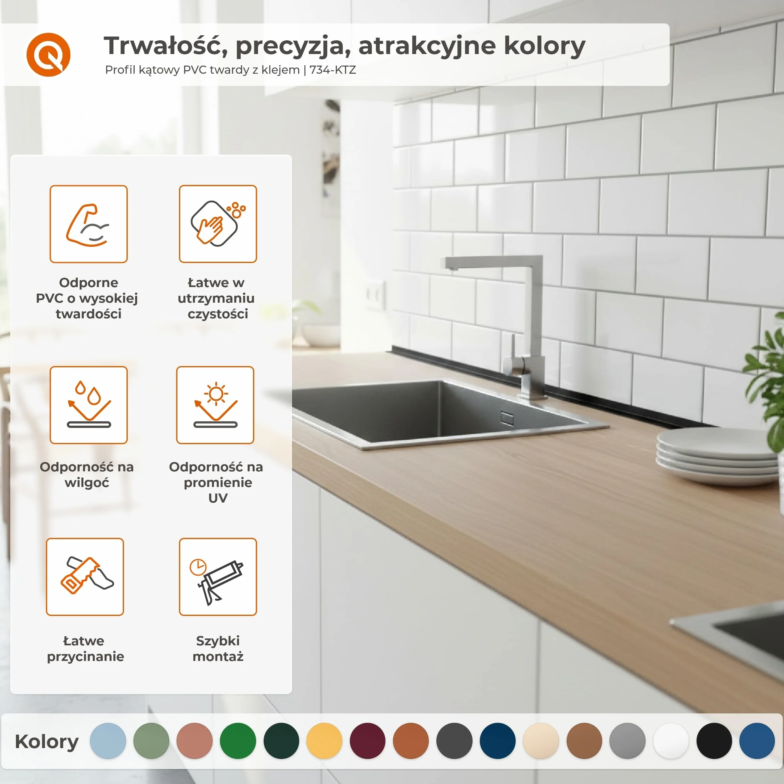 QUEST Kątownik twardy PVC 15x15 mm samoprzylepny, klejony po zewnętrznej stronie, ozdobny profil L kątowy, ciemnoszary, 100 cm