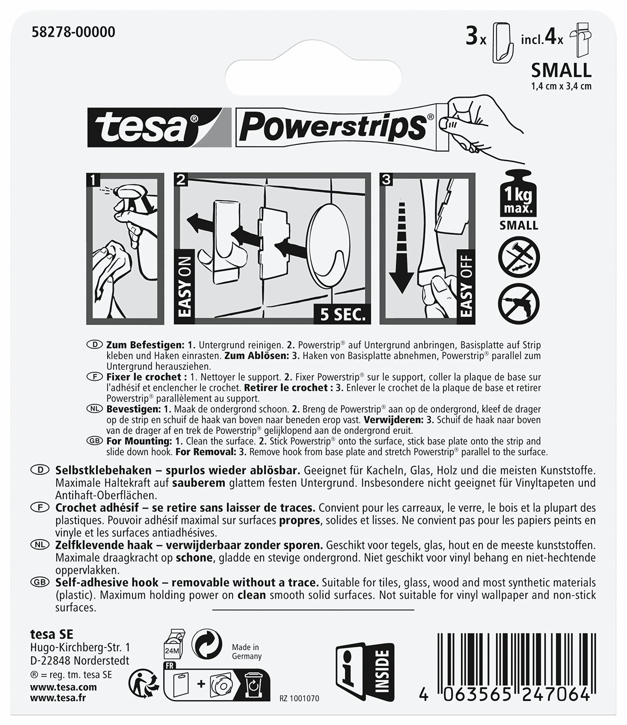 tesa Powerstrips samoprzylepne haczyki – 3 małe haczyki w kształcie kwadratu do płytek, szkła, plastiku i innych powierzchni, mocne trzymanie, do 1 kg, czarne