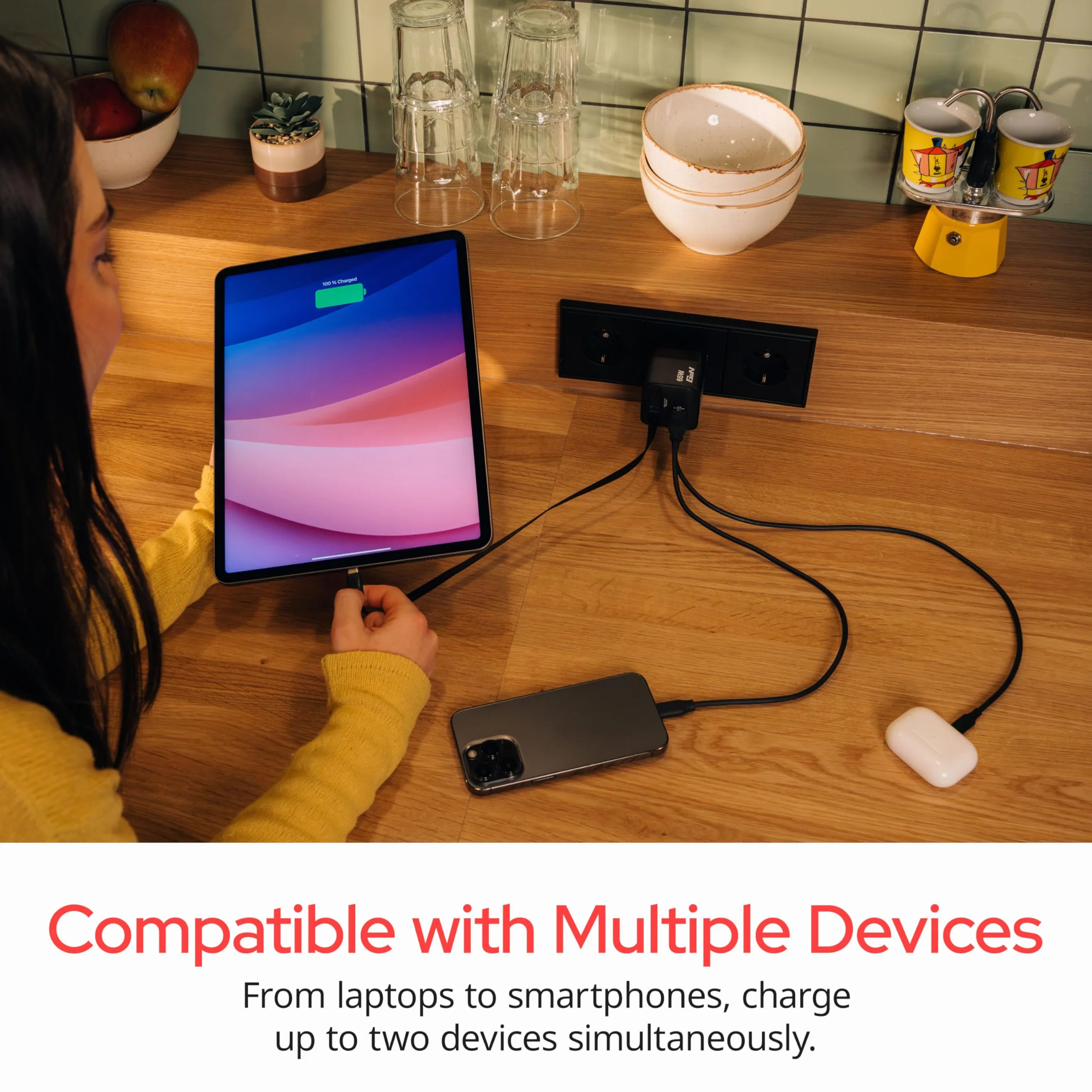 Verbatim GaN Charger 65 W Ładowarka USB-C 2-portowa z Wyciąganym Kablem USB-C i USB-A