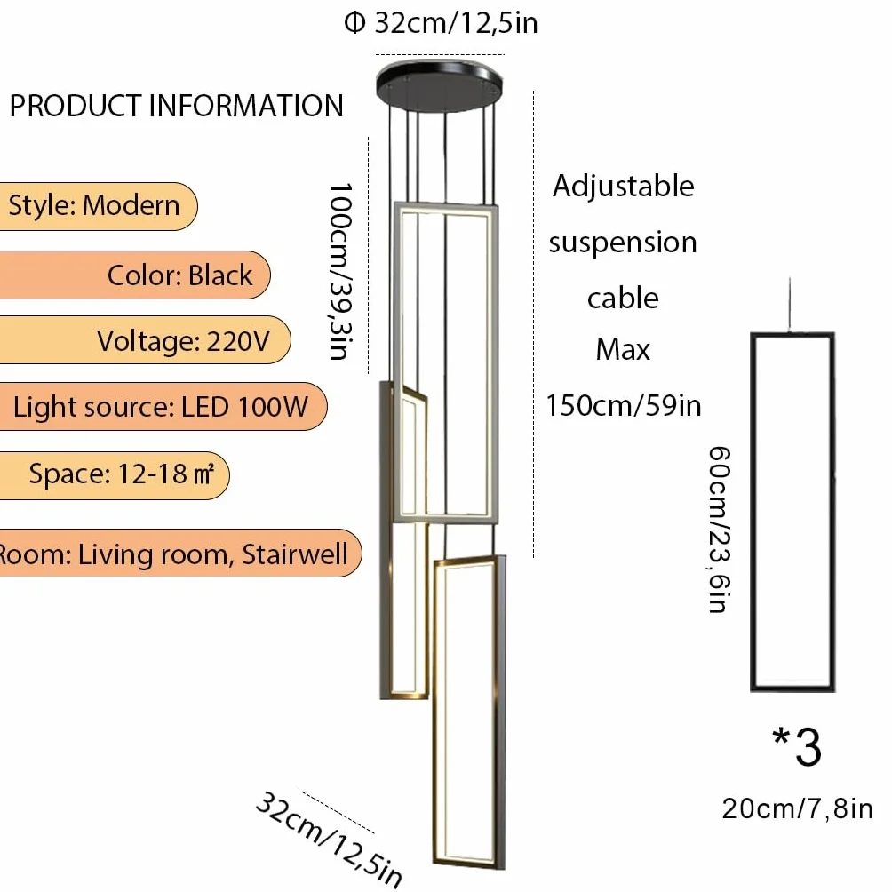 Lampa Wisząca LED Nowoczesna Lampa Wisząca Z Pilotem Zdalnego Sterowania Przyciemniana 100W Regulacją Wysokości Dekoracyjna Żyrandol Do Willi Schodów Salonu Jadalni Sypialni, 3 Świateł
