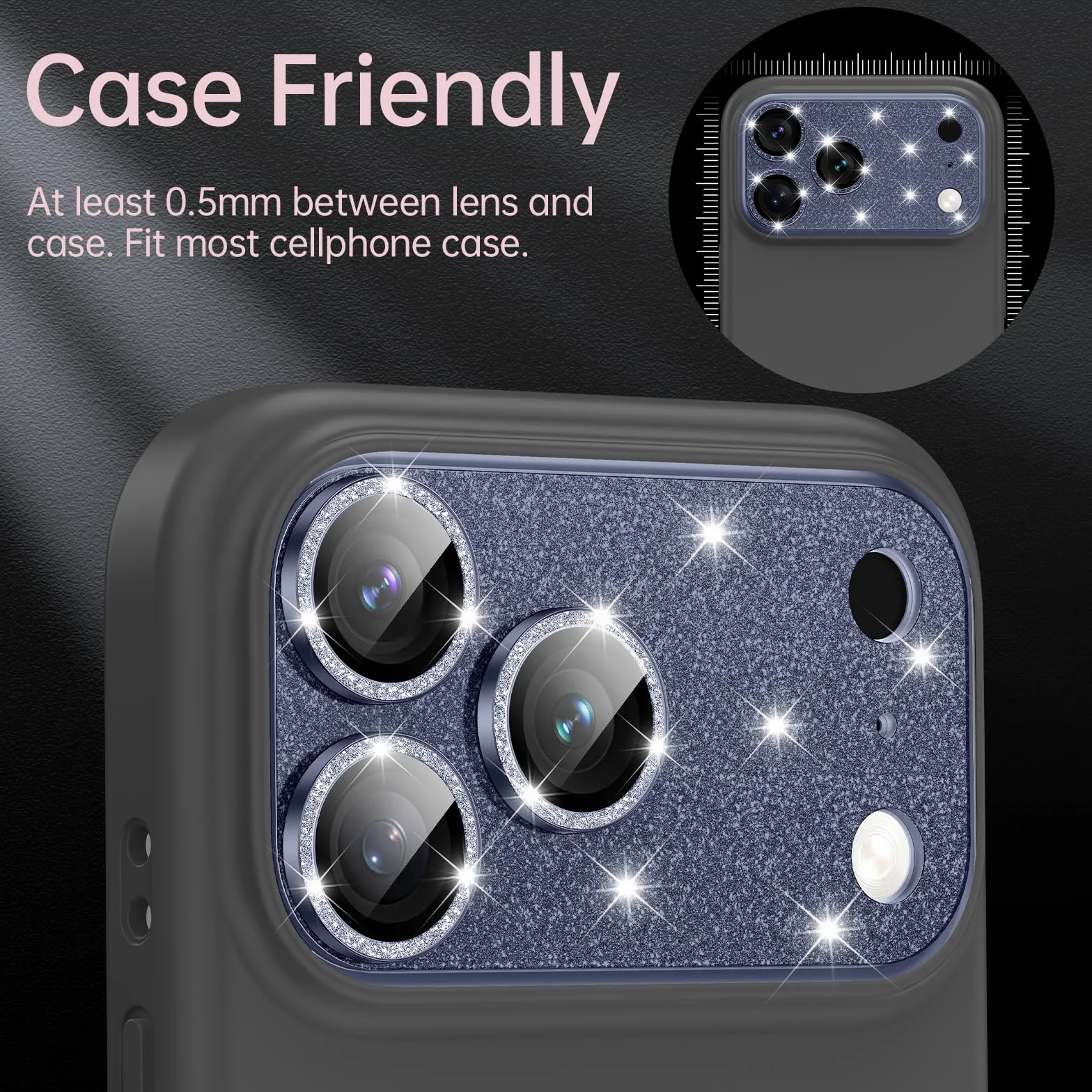 Osłona obiektywu iPhone Pro, szkło hartowane 9H, metalowy pierścień, niebieski brokat