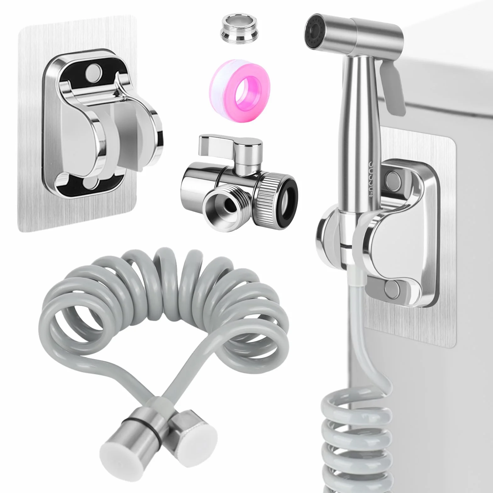 Bidet słuchawka prysznicowa, prysznic ze stali nierdzewnej z 3-drożnym zaworem, wąż sprężynowy 2 m i uchwyt, uniwersalne przyłącze G1/2", do toalety osobistej (A)