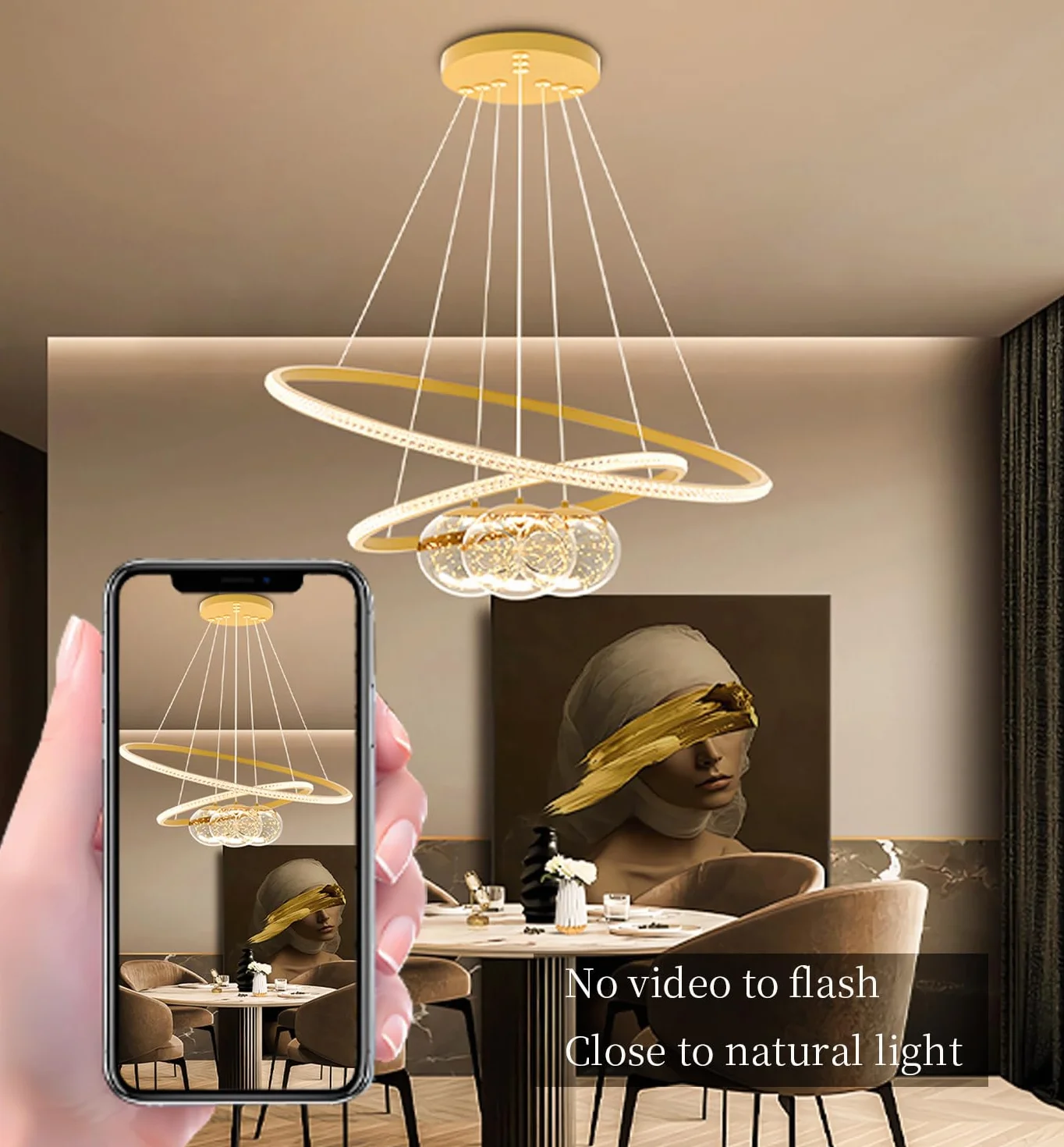 Metalowy żyrandol LED,3 okręgi 40+60+80 cm,lampa sufitowa z regulacją jasności 120 W,pilot zdalnego sterowania 3000-6500 K, lampa wisząca z akrylowym kloszem,oprawy oświetleniowe (Złoto, 60+80)