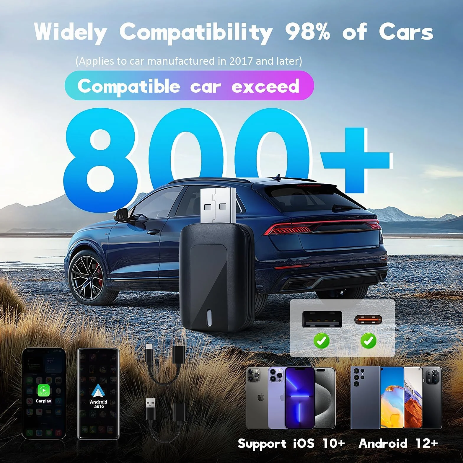 Bezprzewodowy adapter 2 w 1 do Android Auto i CarPlay, Stick przekształca przewodowy Android Auto/Carplay w bezprzewodowo, kompatybilny z samochodami AA i CarPlay, Plug & Play, stabilne połączenie