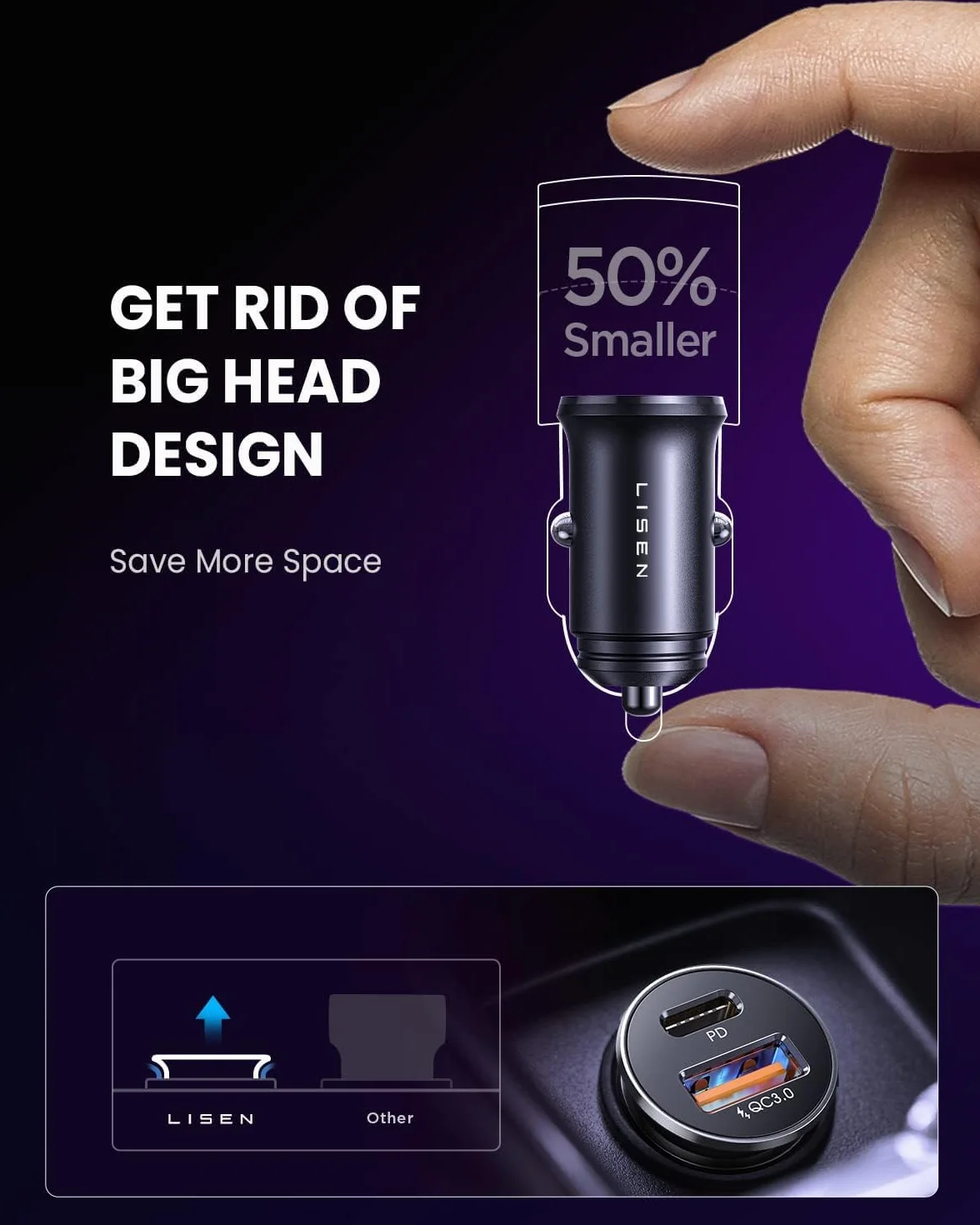 LISEN 2-Pack Zapalniczka USB C metalowa ładowarka samochodowa 54 W USB PD QC3.0 12 V szybkie ładowanie do iPhone Samsung Galaxy