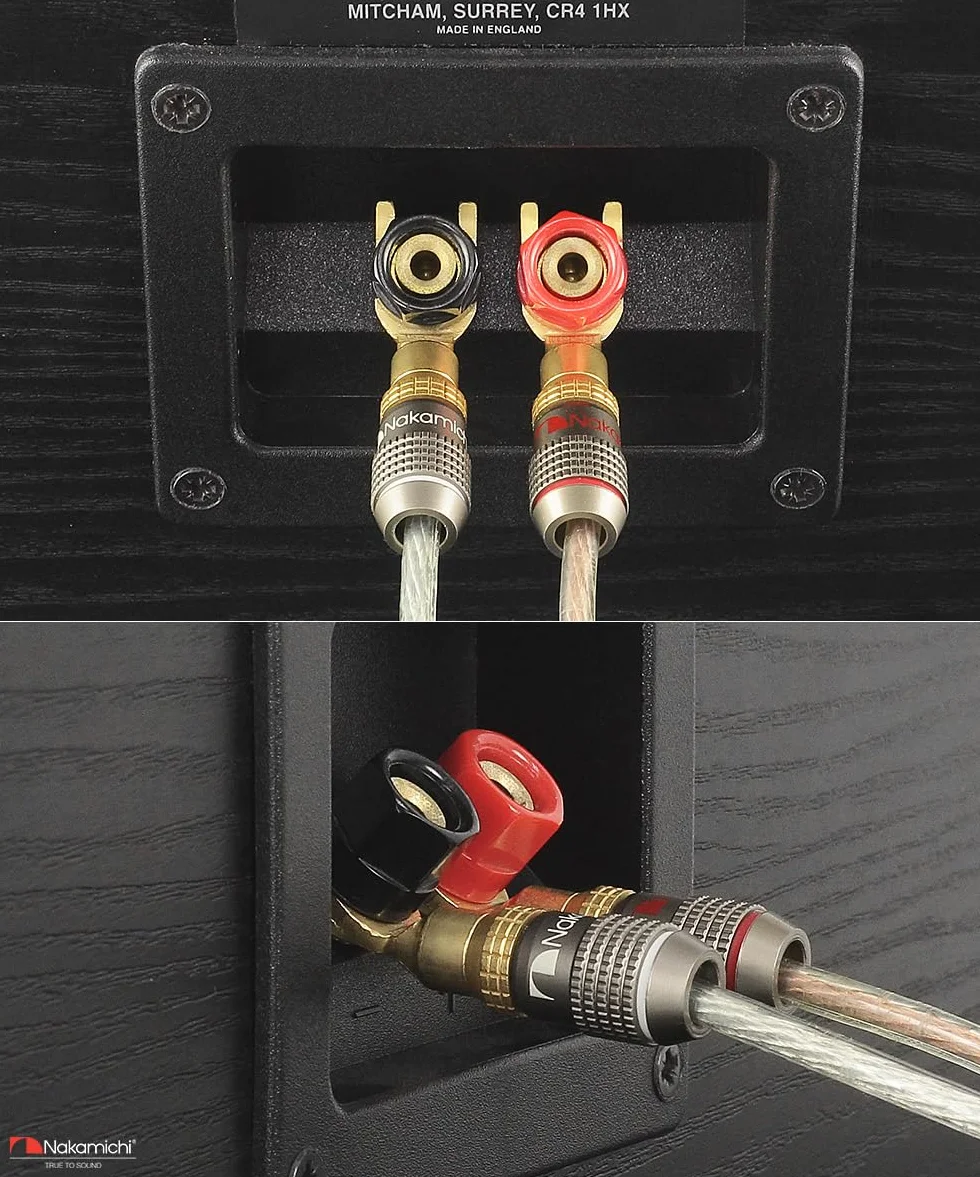 Nakamichi FanLock Wtyk Złącza widełkowe platerowany 24-karatowym złotem 10 AWG - 18 AWG Rozmiar miernika 4mm dla głośników Wzmacniacz Hi-Fi Kino domowe Kabel audio Szybkozłącze, 8 Sztuki (4-Pary)