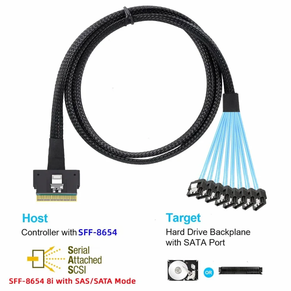 CY Cable Slimline SAS 4.0 SFF-8654 8i 74pin Host Raid do 8 SATA 7Pin Target HDD-Fanout Raid Kabel 1 do 8 rozdzielacz (100 cm)