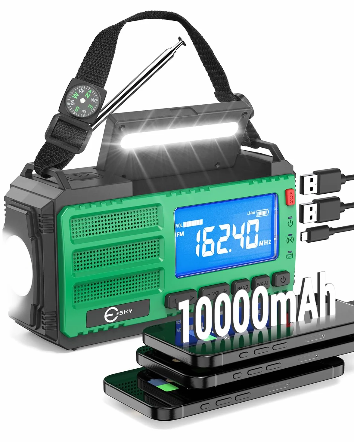 Esky 10000 mAh radio awaryjne AM/FM z powerbankiem, latarką, lampą do czytania, alarmem SOS i kompasem, ładowanie USB/słoneczne/korbą ręczną