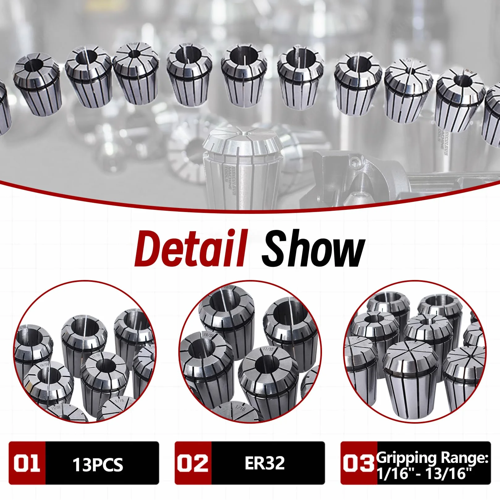 Zestaw tulei zaciskowych ER32 ER-32 o superdokładności 13 szt. 1/16"-13/16" z 5/32, 9/32, 23/32