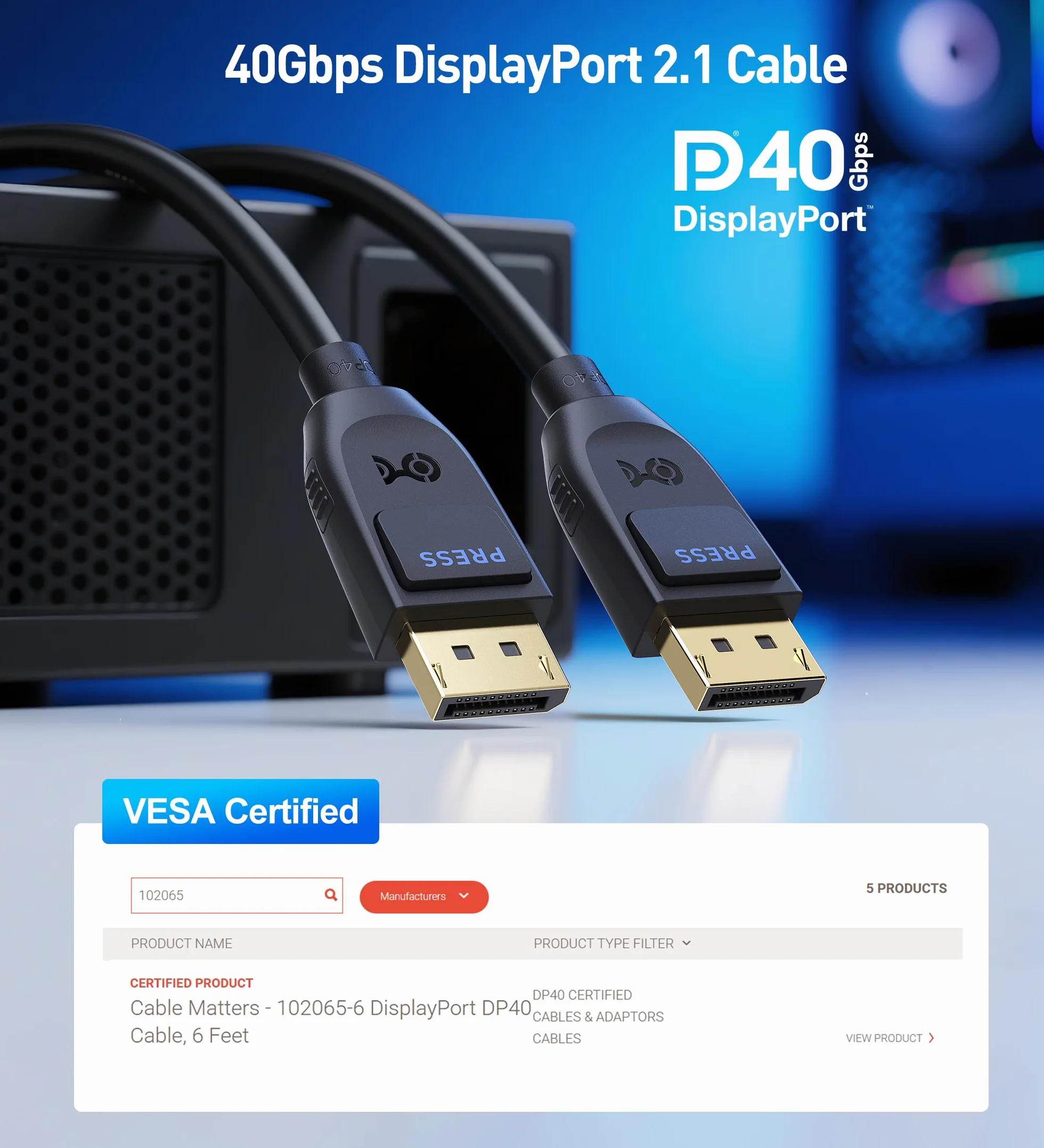 Kabel DisplayPort 2.1 2 m 40 Gb/s DP40 8K 120Hz 4K 144Hz Czarny FreeSync G-SYNC HDR