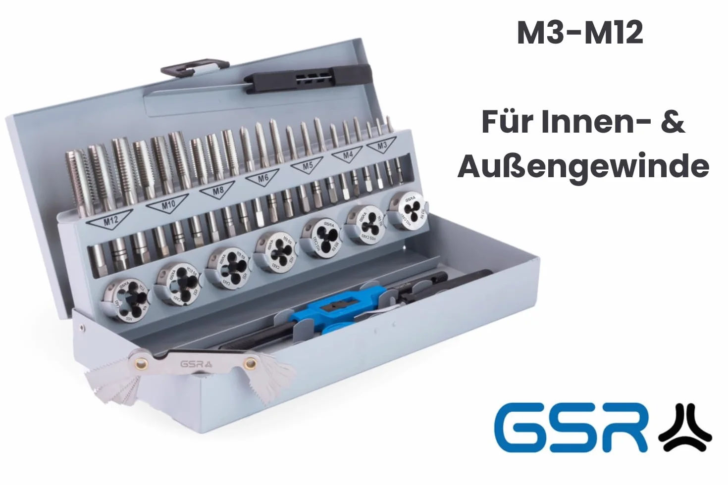 GSR Zestaw gwintowników metrycznych M3–M12 – 32-częściowy HSS-G PROFI zestaw gwintowników z gwintownikami ręcznymi, narzynkami, regulowanym żelazkiem, uchwytem narzynki, miernikiem gwintów i kasetą
