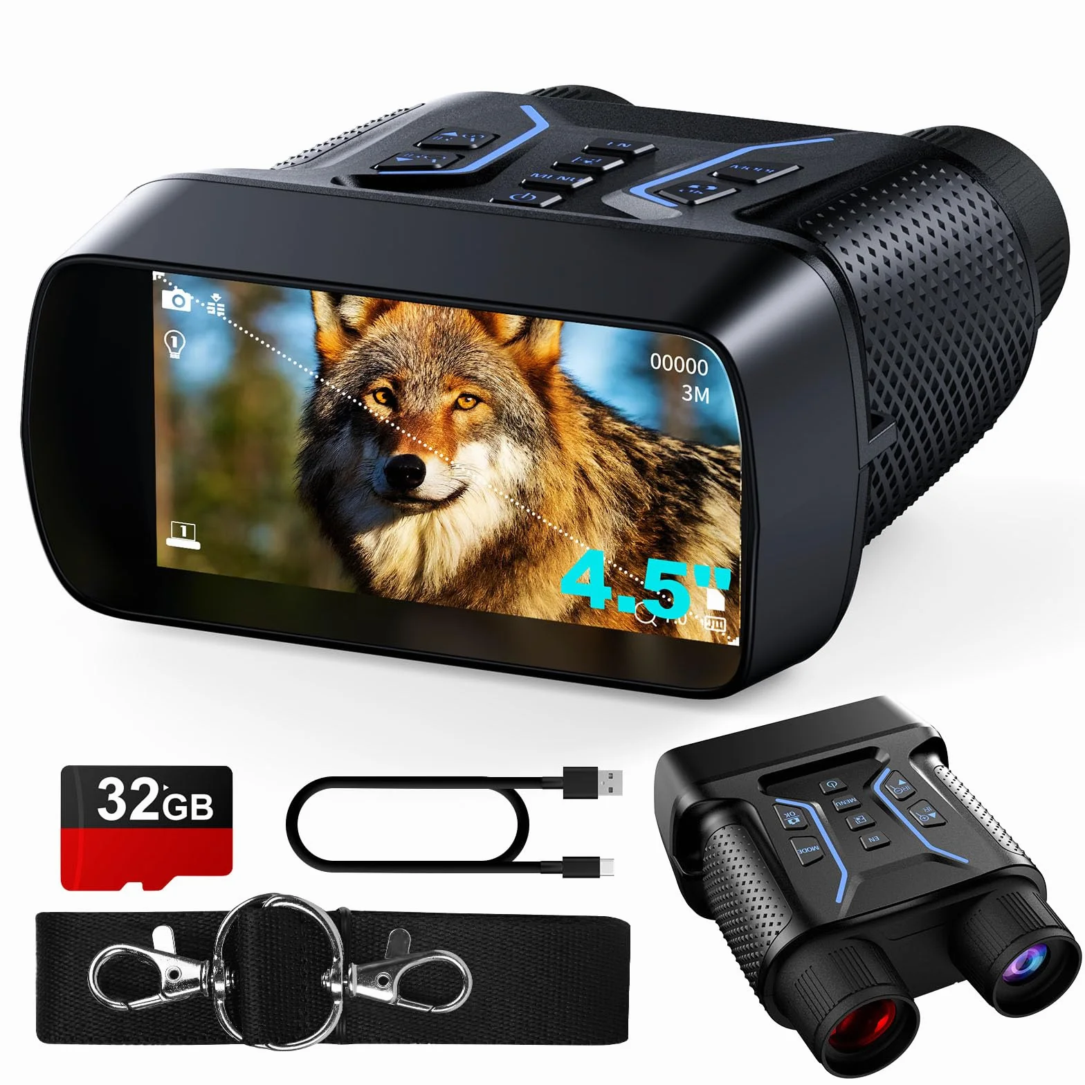 Gogle noktowizyjne, wideo 4K UHD i obraz 36 MP, lornetka noktowizyjna na podczerwień z ekranem 4,5″, akumulator 4500 mAh, karta TF 32 GB, 8-krotny zoom cyfrowy na kemping (czarne)