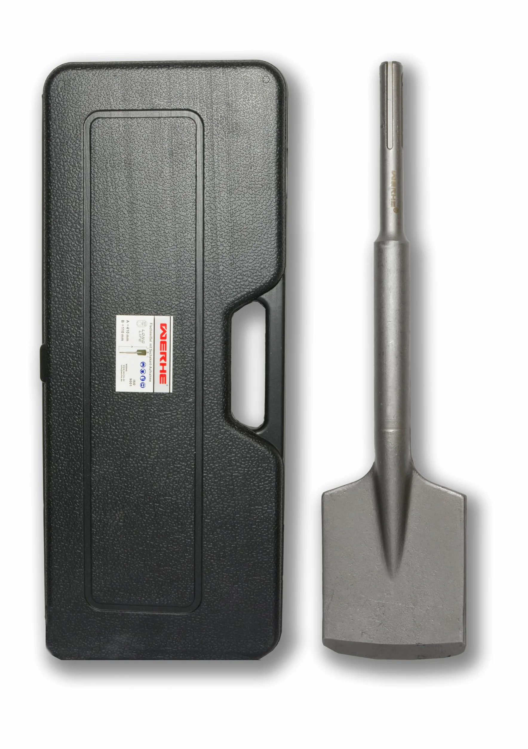 WERHE Dłuto łopatkowe o szerokości 110 mm i długości 450 mm z uchwytem SDS-Max – do spulchniania i kopania w twardych glebach, ziemi, betonie i asfalcie – wykonane ze stali stopowej.