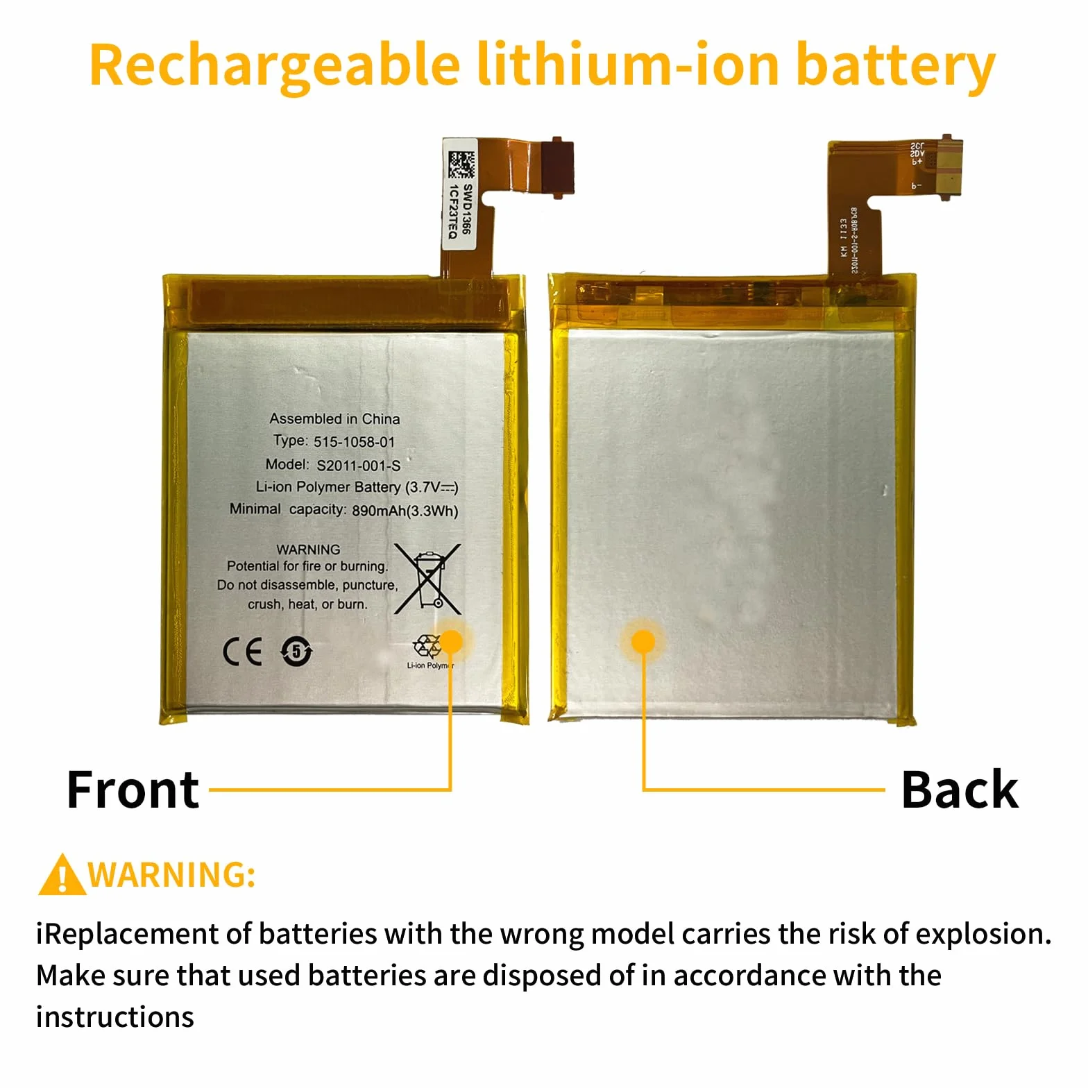 Bateria 3,7V 890mAh 3,3Wh do E-Book E-Reader S2011-001-S