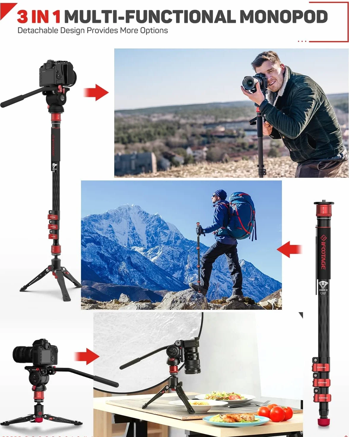 IFOOTAGE Cobra 3 C180F statyw monopodowy z włókna węglowego 8 kg 180 cm