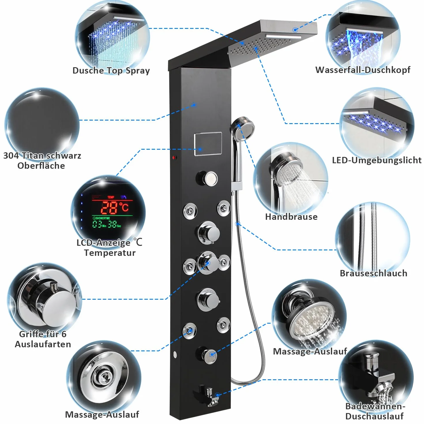 Panel prysznicowy z wyświetlaczem temperatury LCD, 6 funkcji wody, 304 czarno-tytanowa stal szlachetna system prysznicowy wodospad, deszczownica, prysznic z masażem, słuchawka prysznicowa