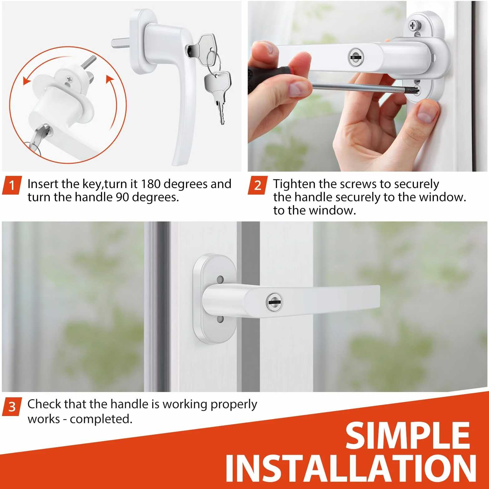 GETLITOOL 2 szt. Zamykany aluminiowy uchwyt do drzwi balkonowych Windows z 4 śrubami 4 szt. kluczy do okien, balkonów lub drzwi tarasowych, biały