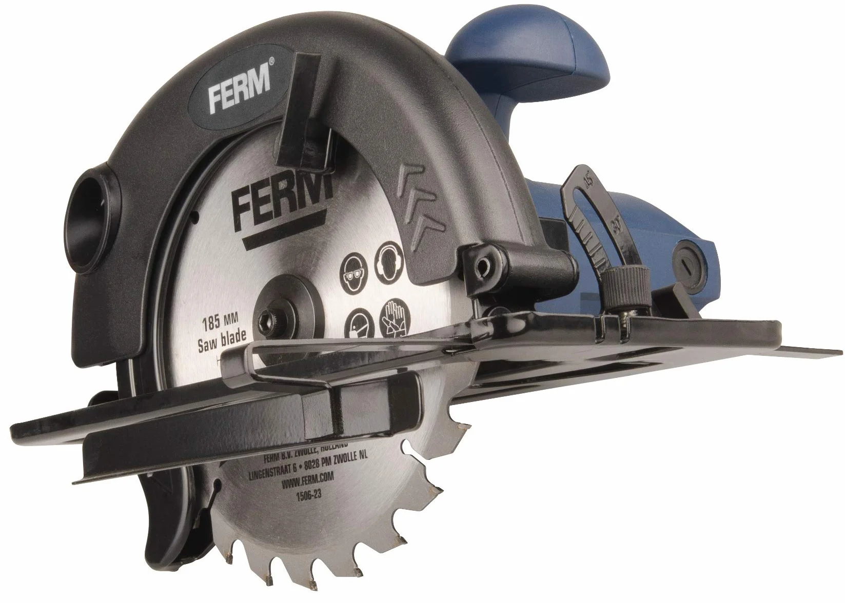 FERM Piła tarczowa 1200 W – 185 mm blokada wrzeciona – regulowana podstawa (45 i 90 stopni) – w zestawie brzeszczot piły TCT i prowadnica równoległa