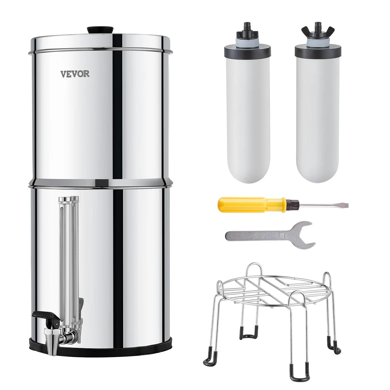 VEVOR System filtracji wody grawitacyjnej, system filtracji wody na blacie ze stali nierdzewnej 2,25G 304, redukuje ołów i do 99% chloru, z 2 ceramicznymi filtrami węglowymi, czop poziomu wody, stojak
