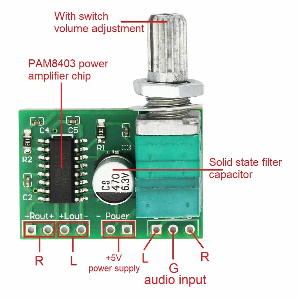 DollaTek Super ma?y wzmacniacz audio 3 W + 3 W DC 5 V, por?czny cyfrowy modu? stopniowo?ci, dwukana?owy wzmacniacz stereo PAM8403 z potencjometrem do przeno?nych g?o?ników DIY