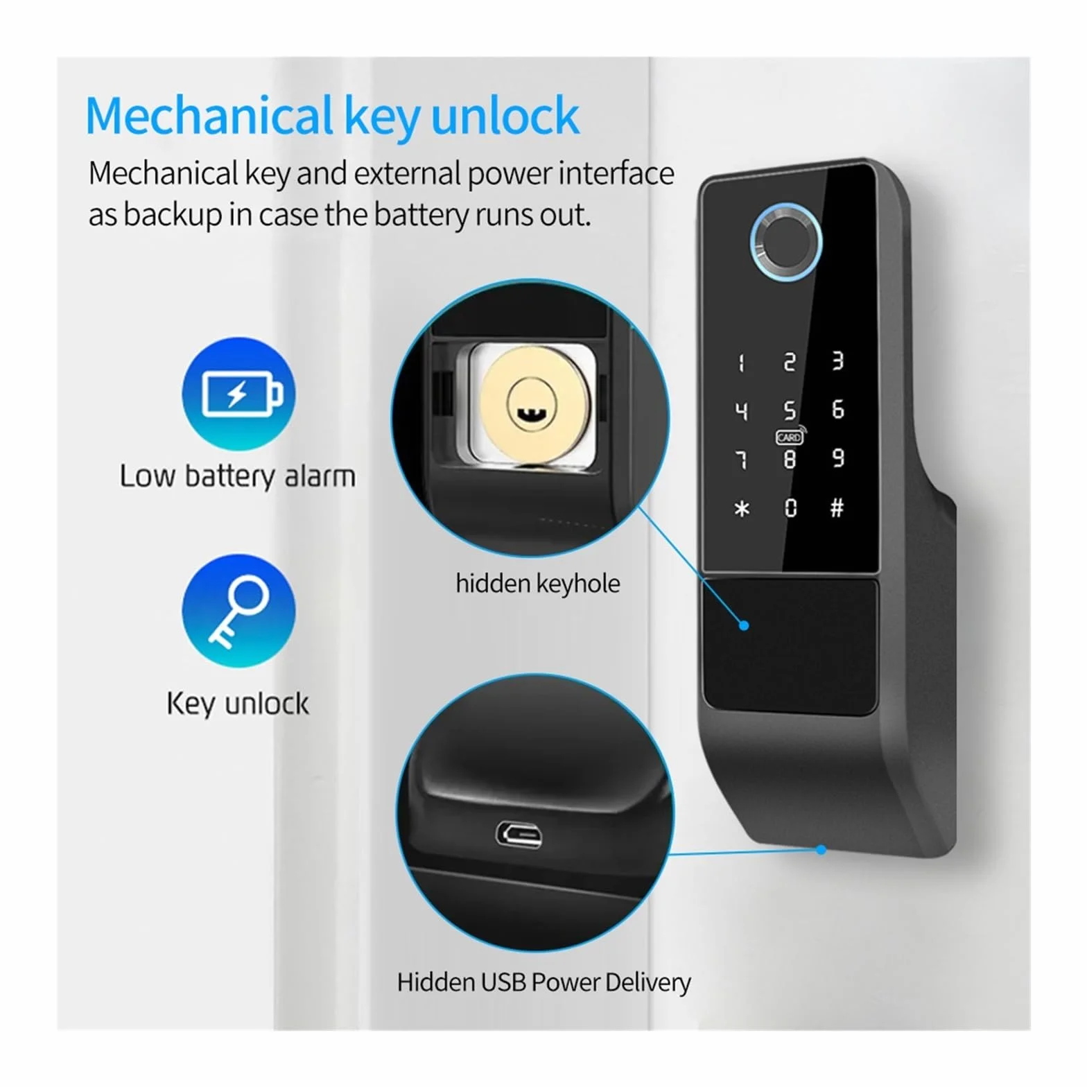 Wodoodporny, inteligentny zamek do drzwi z czytnikiem linii papilarnych, brama zewnętrzna Bluetooth, zasuwka na hasło + klucz mechaniczny(A)
