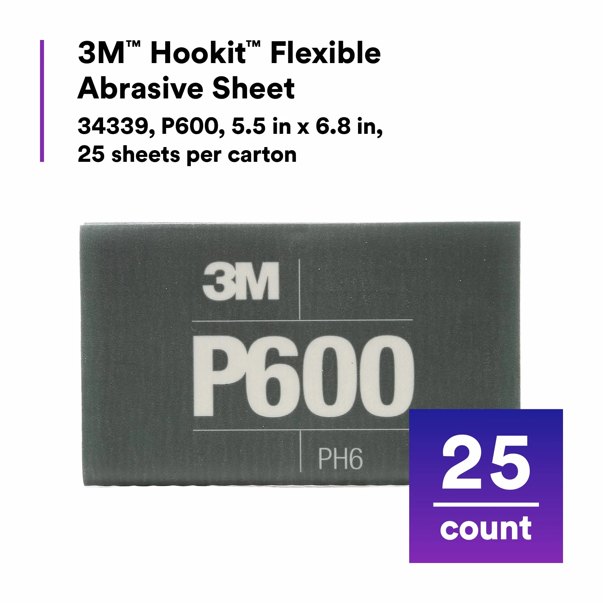 3M Hookit elastyczny arkusz ścierny, 34339, P600, 14 cm x 17,3 cm, 25 arkuszy w kartonie