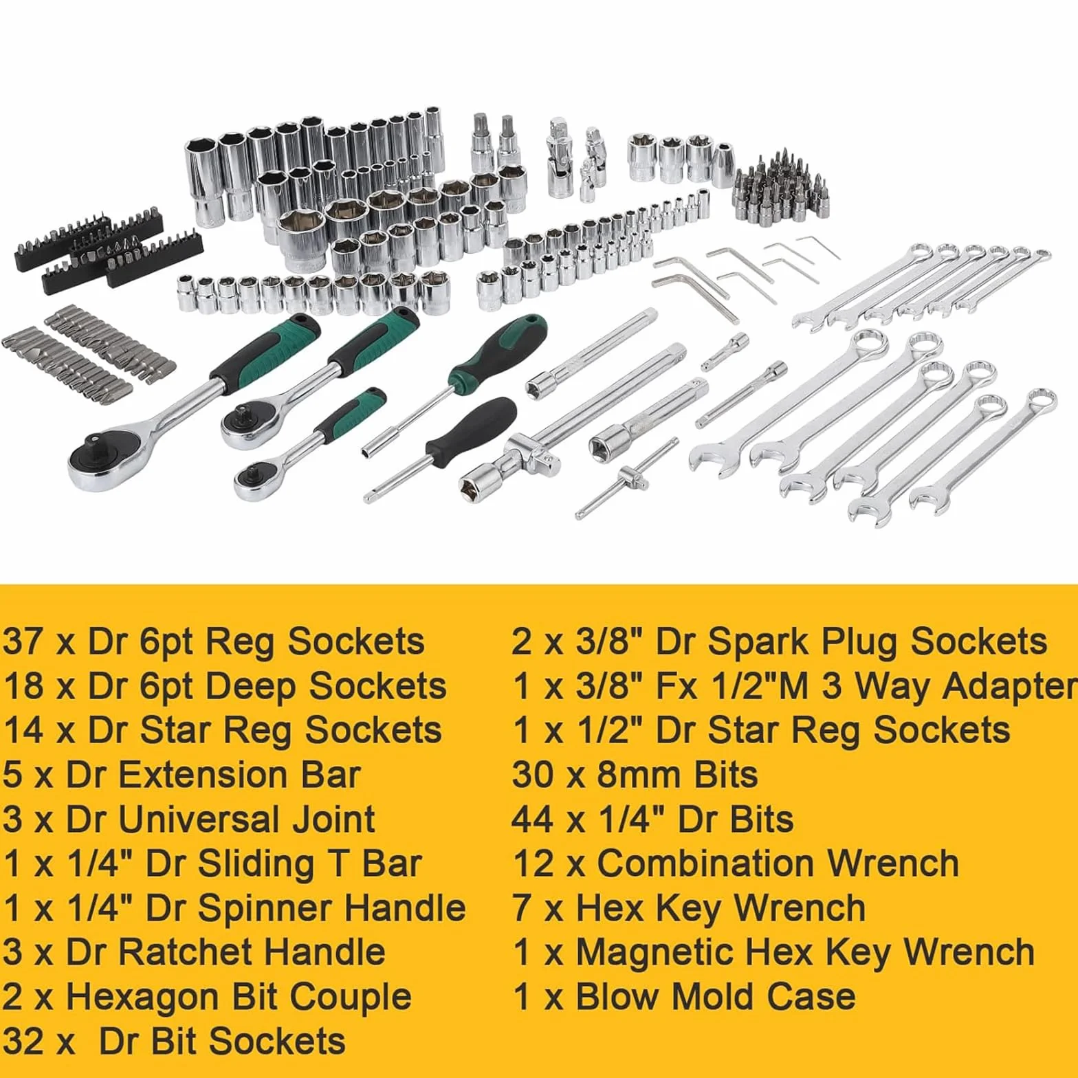 216-częściowy zestaw narzędzi dla mechaników, zestawy kluczy grzechotkowych z 72 zębami, zestaw nasadek 1/4", 3/8" i 1/2", z przegubem uniwersalnym i przedłużaczami, do napraw samochodowych, Strona gł
