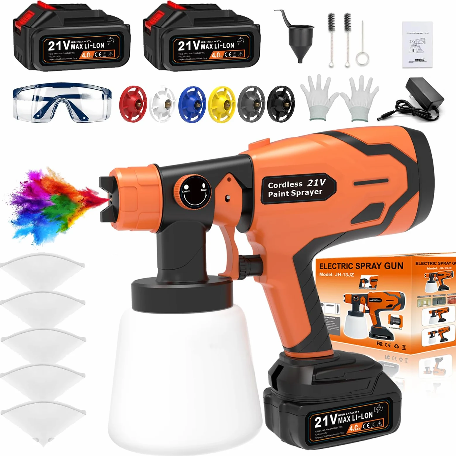Akumulatorowy system natryskowy, 600 W HVLP pistolet natryskowy, z 6 dyszami i 3 obrazami natryskowymi, pistolet lakierniczy 1000 ml, elektryczny pistolet natryskowy 2 x 4,0 Ah, pistolet do