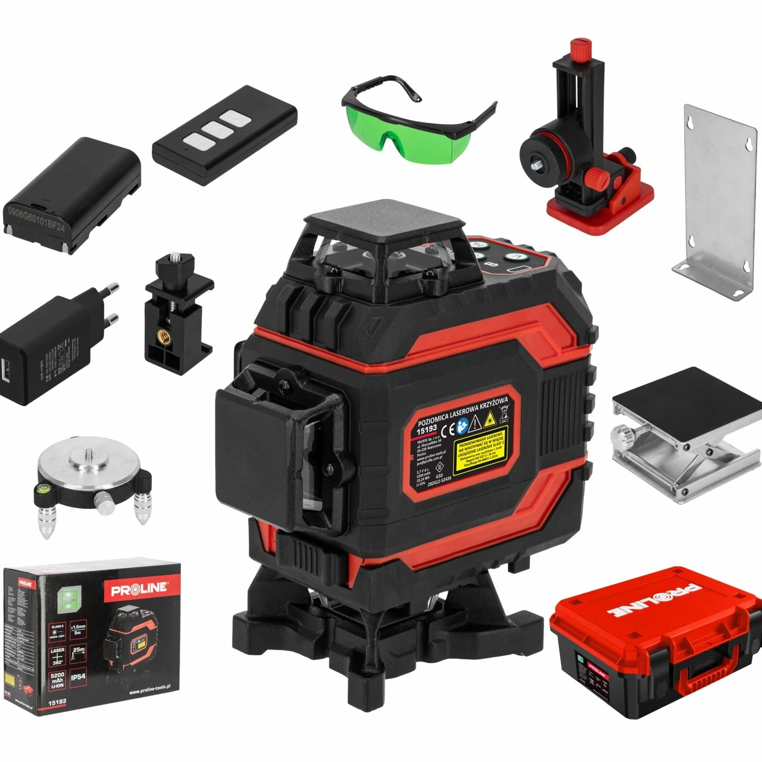 PROLINE Poziomnica laserowa 15193 25 m zielona 4D, 1.5 mm/5 m, IP54, CE, Li-Ion
