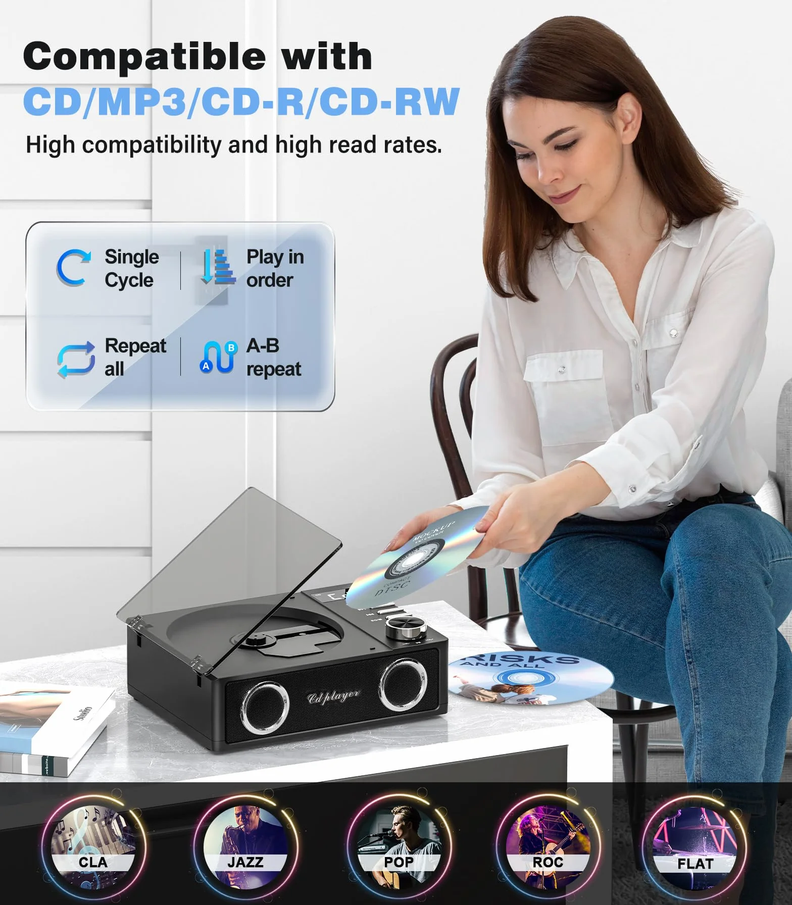 Greadio Przenośny odtwarzacz CD z Bluetooth 5.3, akumulator 4000 mAh, odtwarzacz muzyczny CD z pilotem zdalnego sterowania, podwójne głośniki, wyświetlacz LED, obsługuje USB, kartę TF, AUX do domu