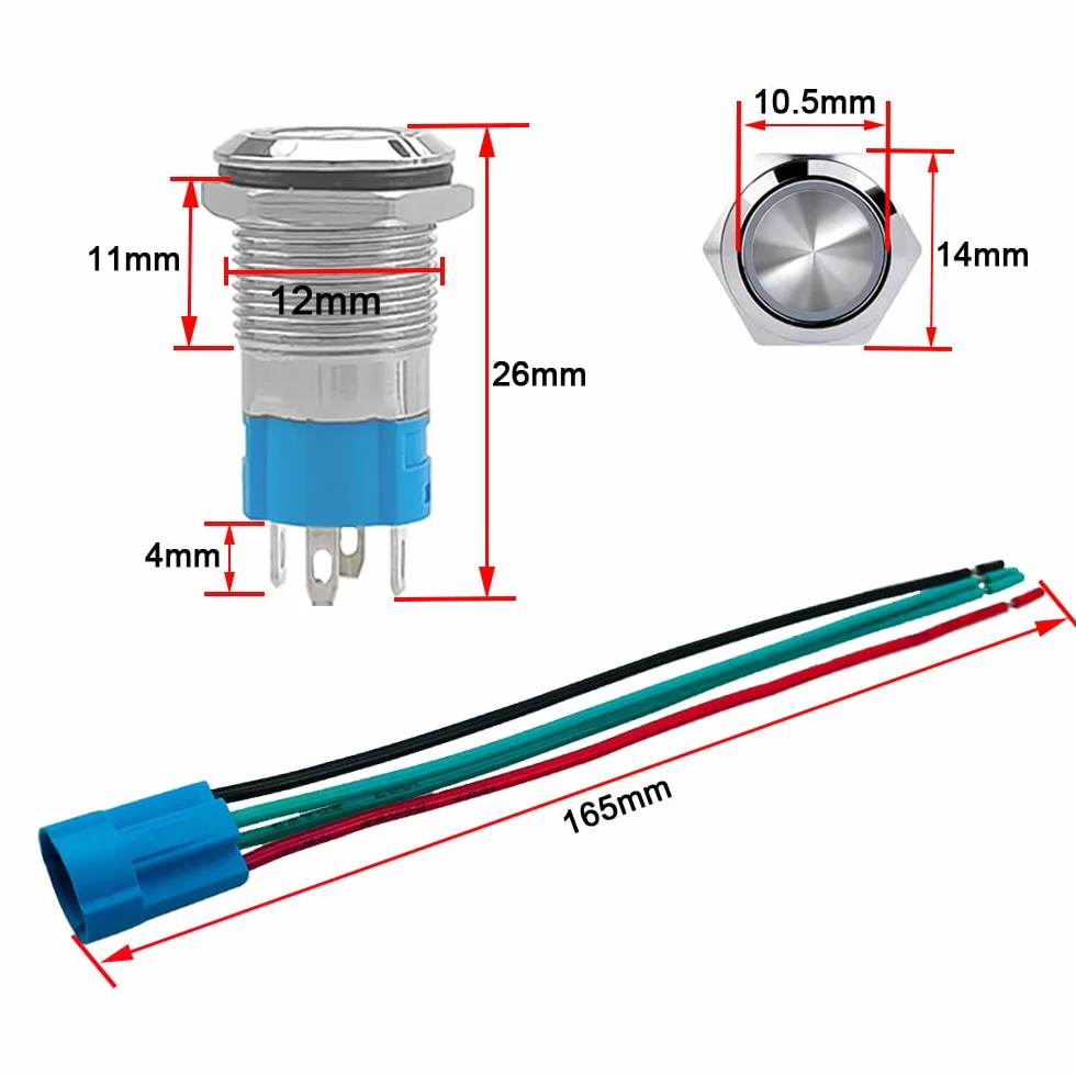2 sztuki 12 mm przełącznik przyciskowy chwilowy, 12 V / 24 V 3A wodoodporny przełącznik przyciskowy ze stali nierdzewnej IP66, z wtyczką przewodową (żółta dioda LED)