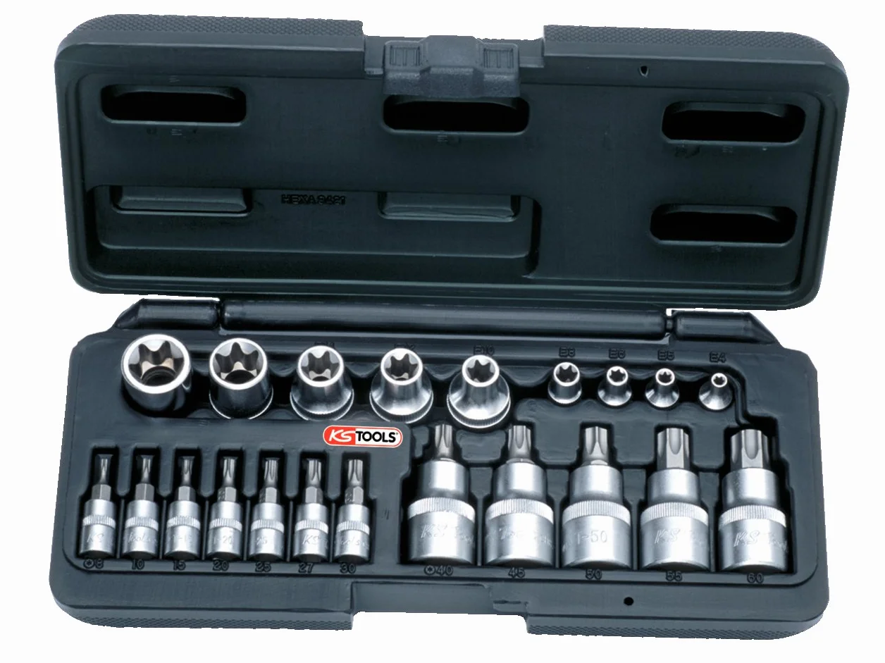 KS Tools 911.4307 Zestaw kluczy nasadowych Torx, 21-szt,1/4"+1/2"