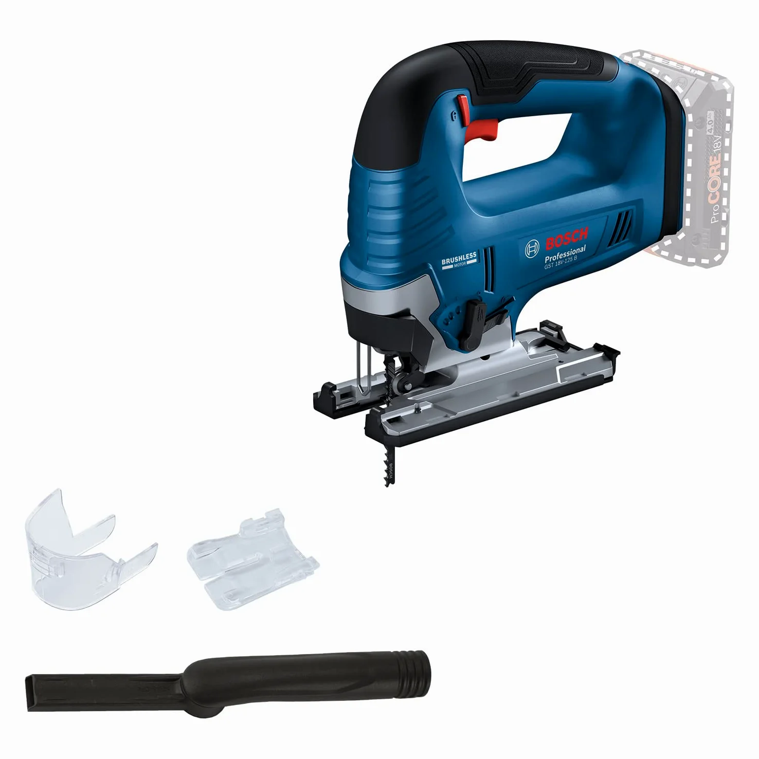 Bosch Professional 18 V system wyrzynarki akumulatorowa GST 18 V-125 B (z uchwytem do prasowania, cięcia pod kątem do 45°, 1 x brzeszczot do wyrzynarki, zestaw odsysający)