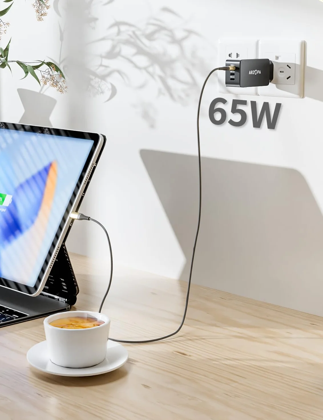 ARZOPA Ładowarka USB C 65 W GaN 3 portowa szybka ładowarka ścienna do laptopa iPhone 15/14/13 Pro Max Pixel Samsung Galaxy
