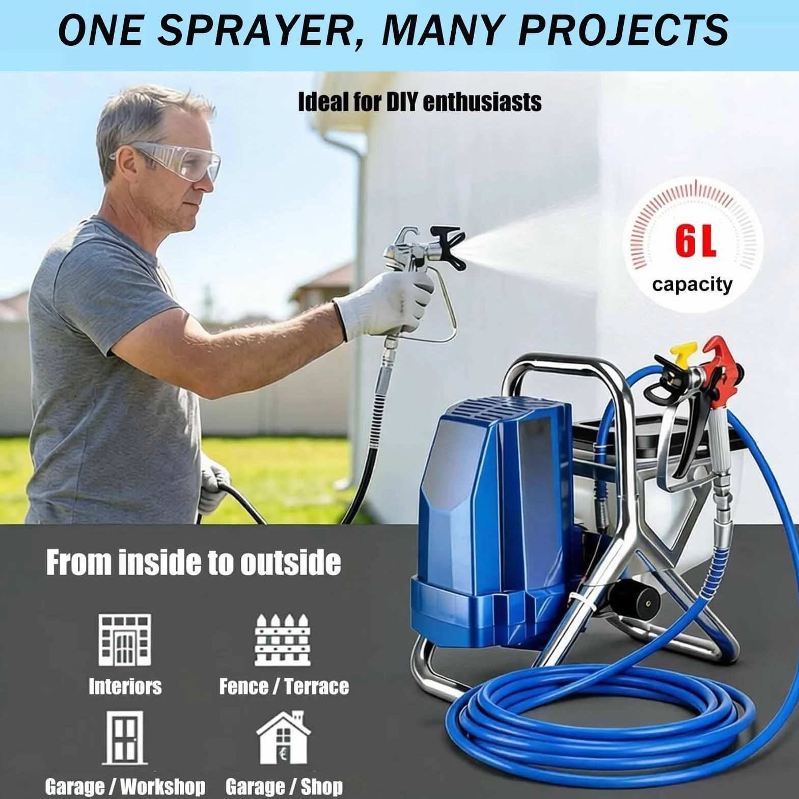 Elektryczny rozpylacz do farby, system natryskowy Airless z regulacją ciśnienia, pojemnik na farbę 6 l, wąż 5 m, 2 l/min – do ścian, sufitów, drewna, metalu, zastosowań zewnętrznych