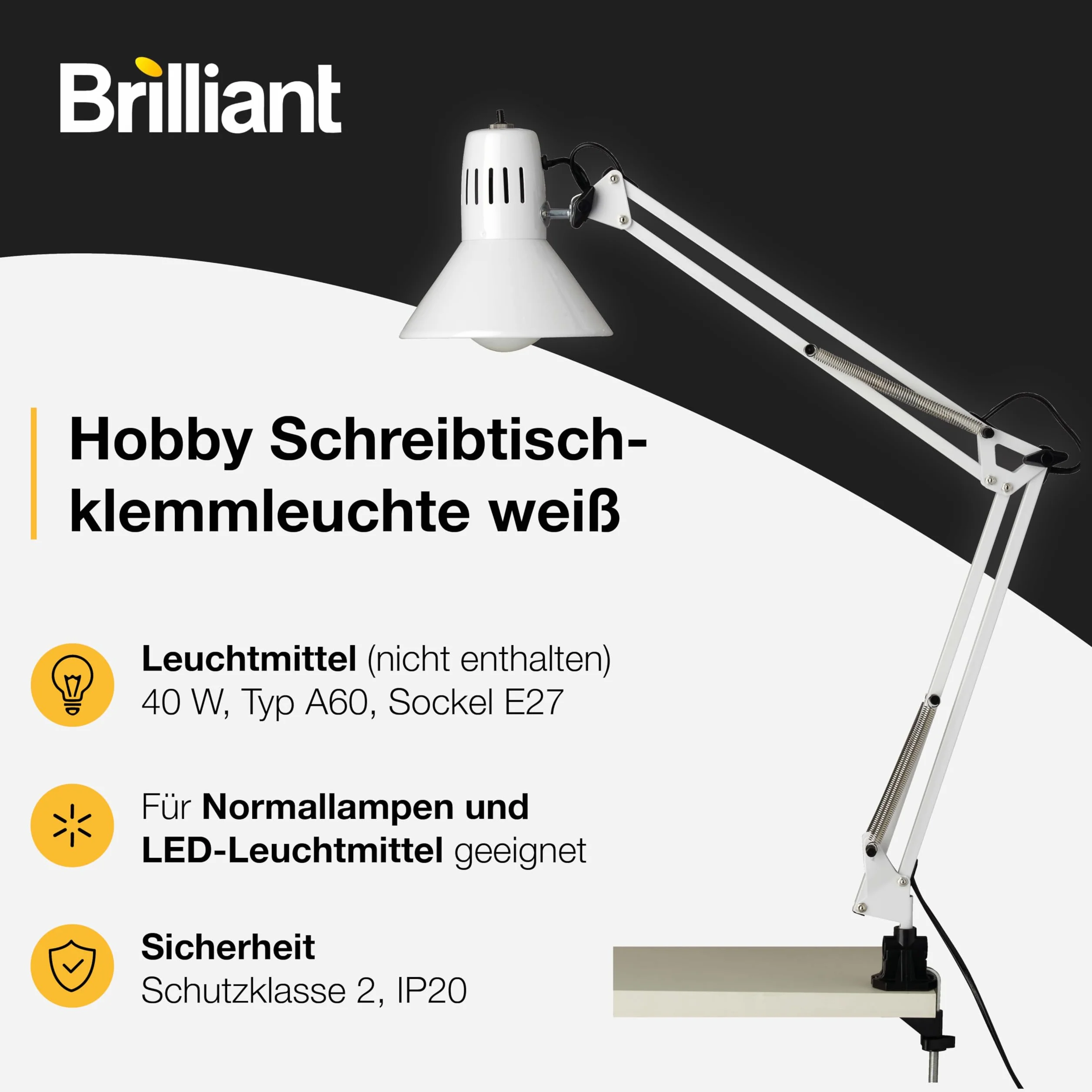 Brilliant Lampa zaciskowa Hobby biała 10802/05 | Lampa biurkowa, wysokość 70 cm, Ø 17 cm, E27, maks. 40 W, wychylny