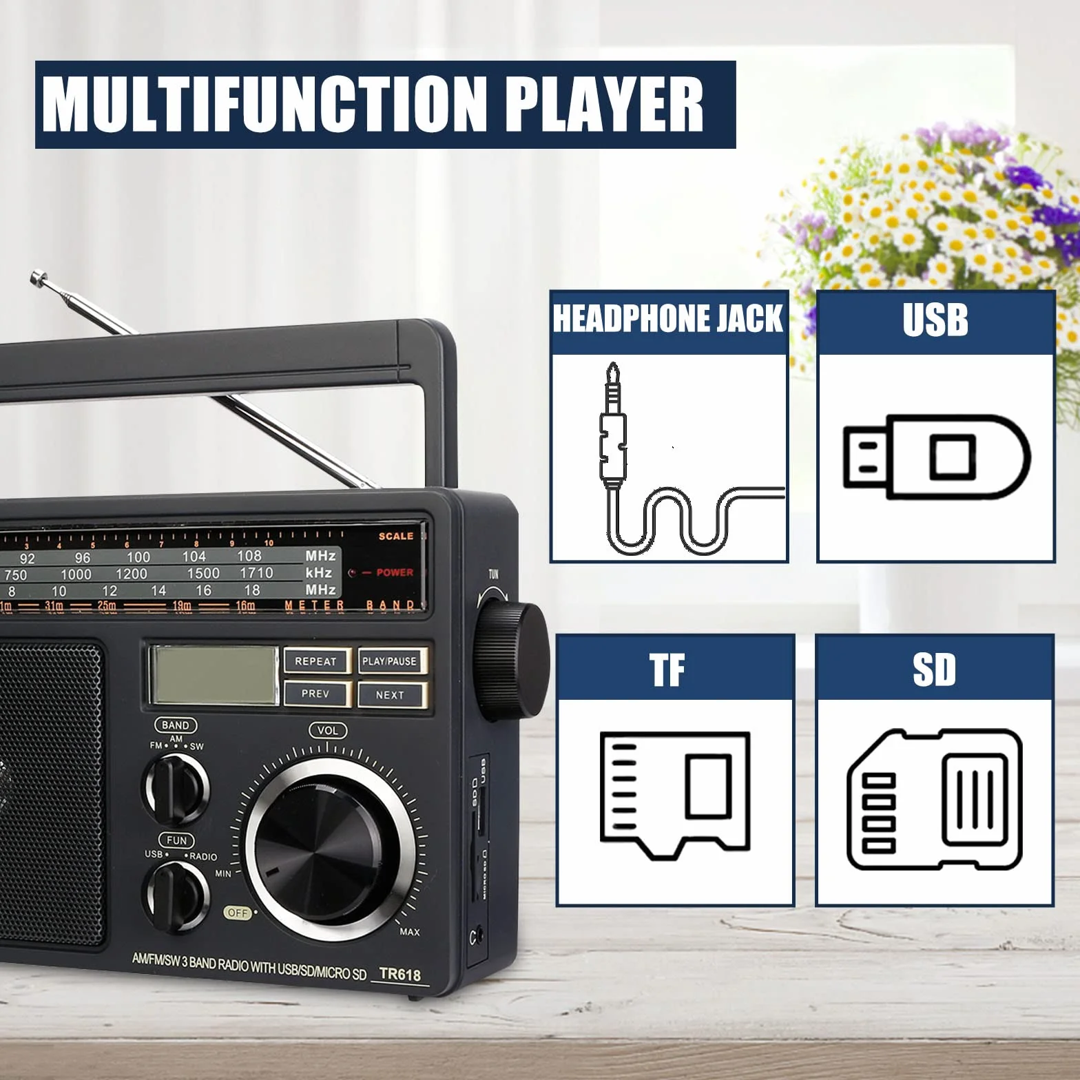 Retekess TR618 Przenośne Radio FM AM SW Analogowe Krótkofalowe USB SD/TF Gniazdo Słuchawkowe Zasilanie Sieciowe Akumulator Ciemnoszary