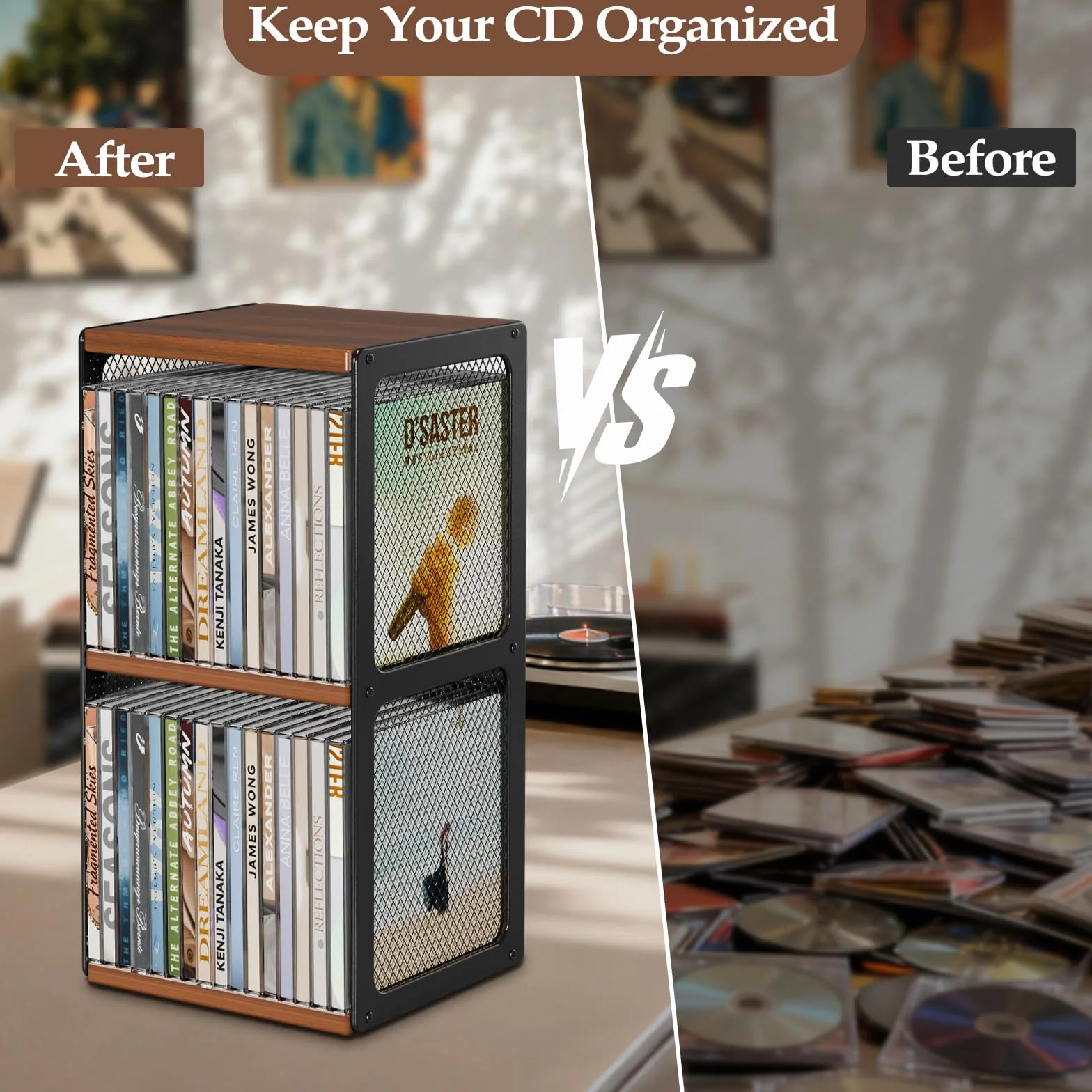 Drewniany stojak na płyty CD i DVD organizer do przechowywania z drewna i metalu